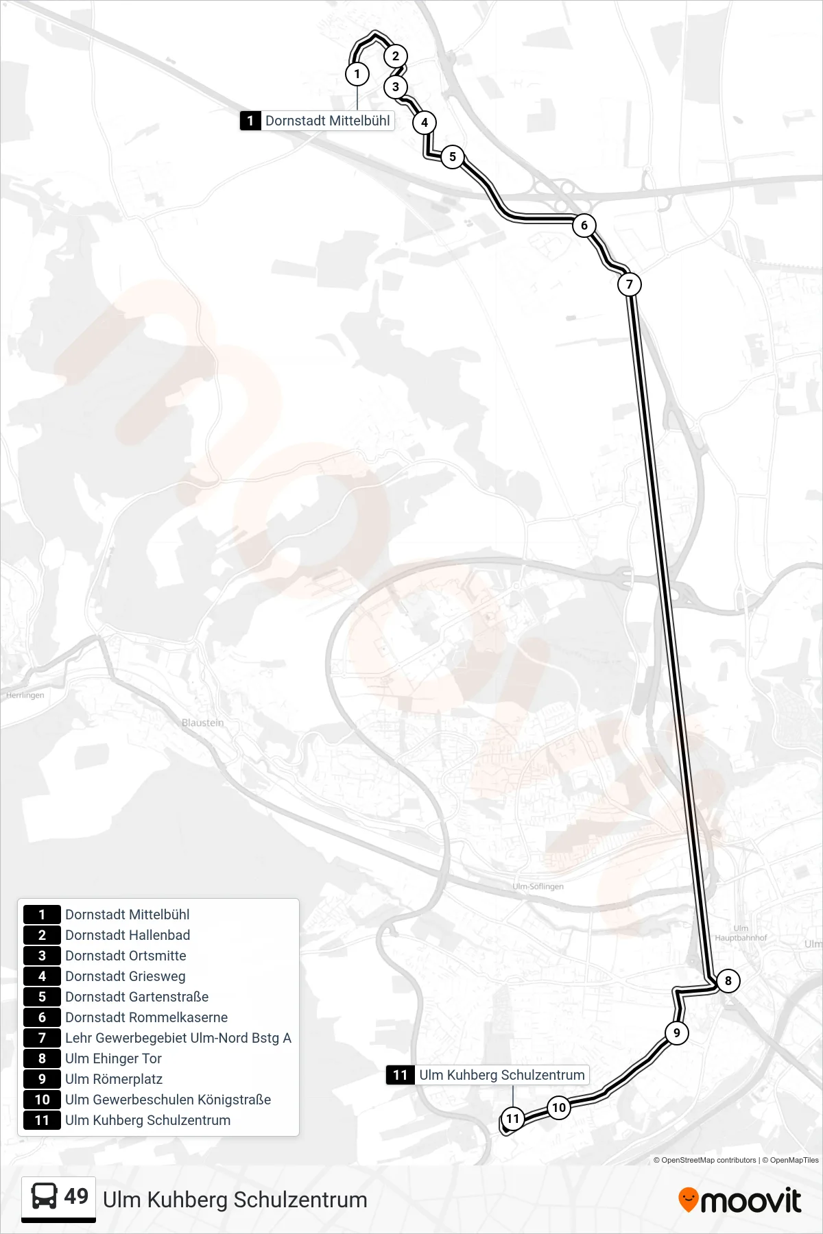 49 bus Line (Ulm Kuhberg Schulzentrum) route and stops on a map