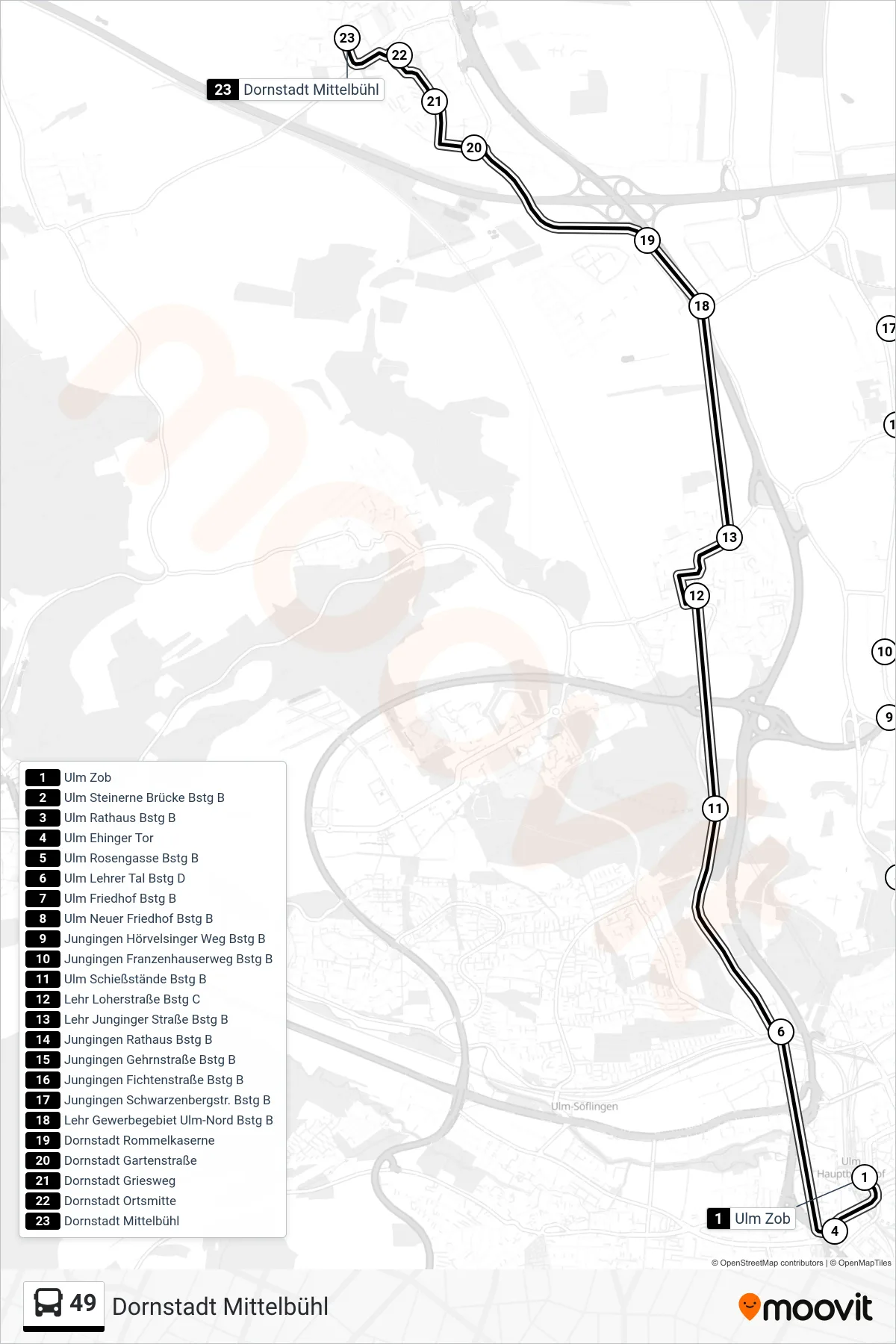 49 bus Line (Dornstadt Mittelbühl) route and stops on a map