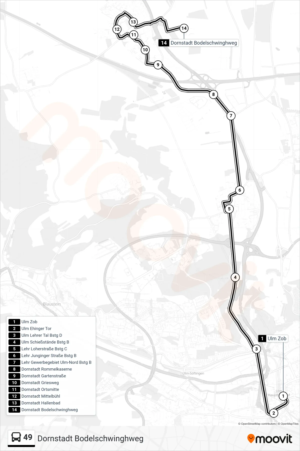 49 bus Line (Dornstadt Bodelschwinghweg) route and stops on a map