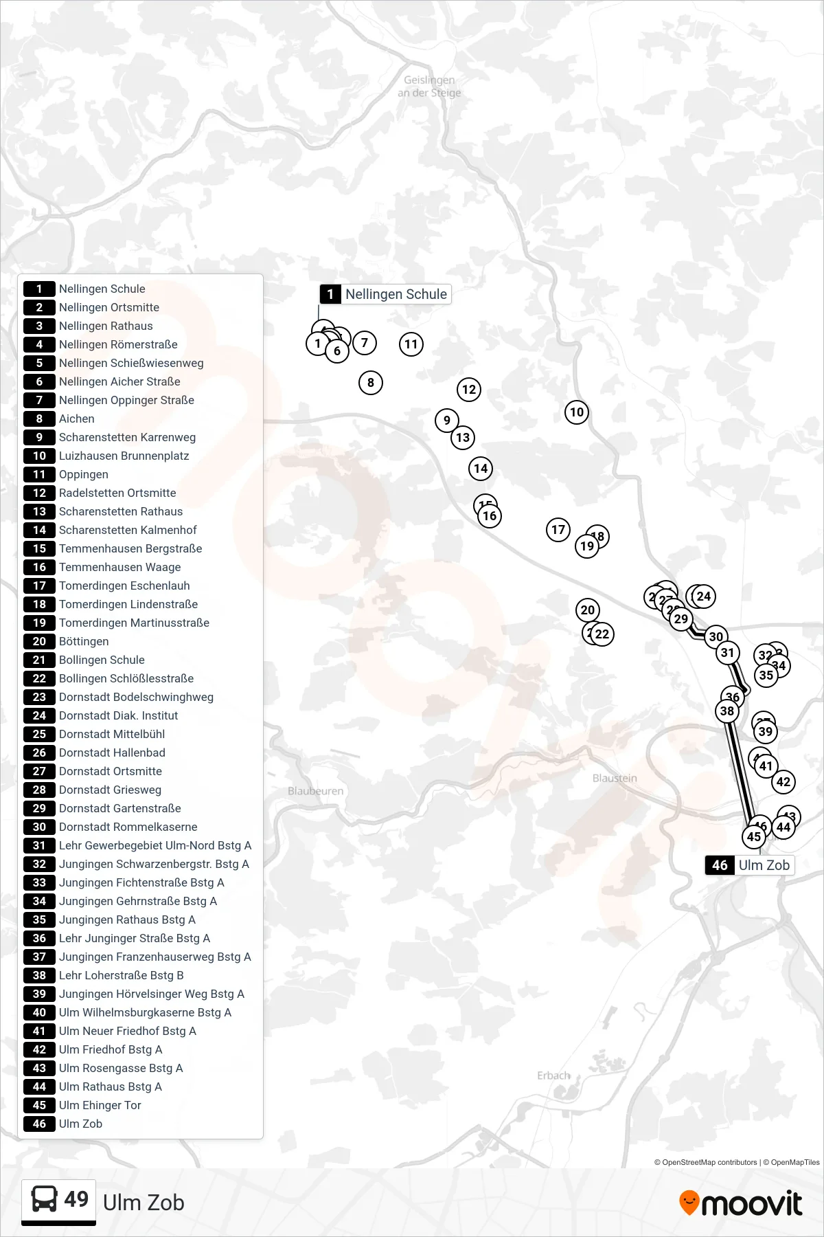 49 bus Line (Ulm Zob) route and stops on a map