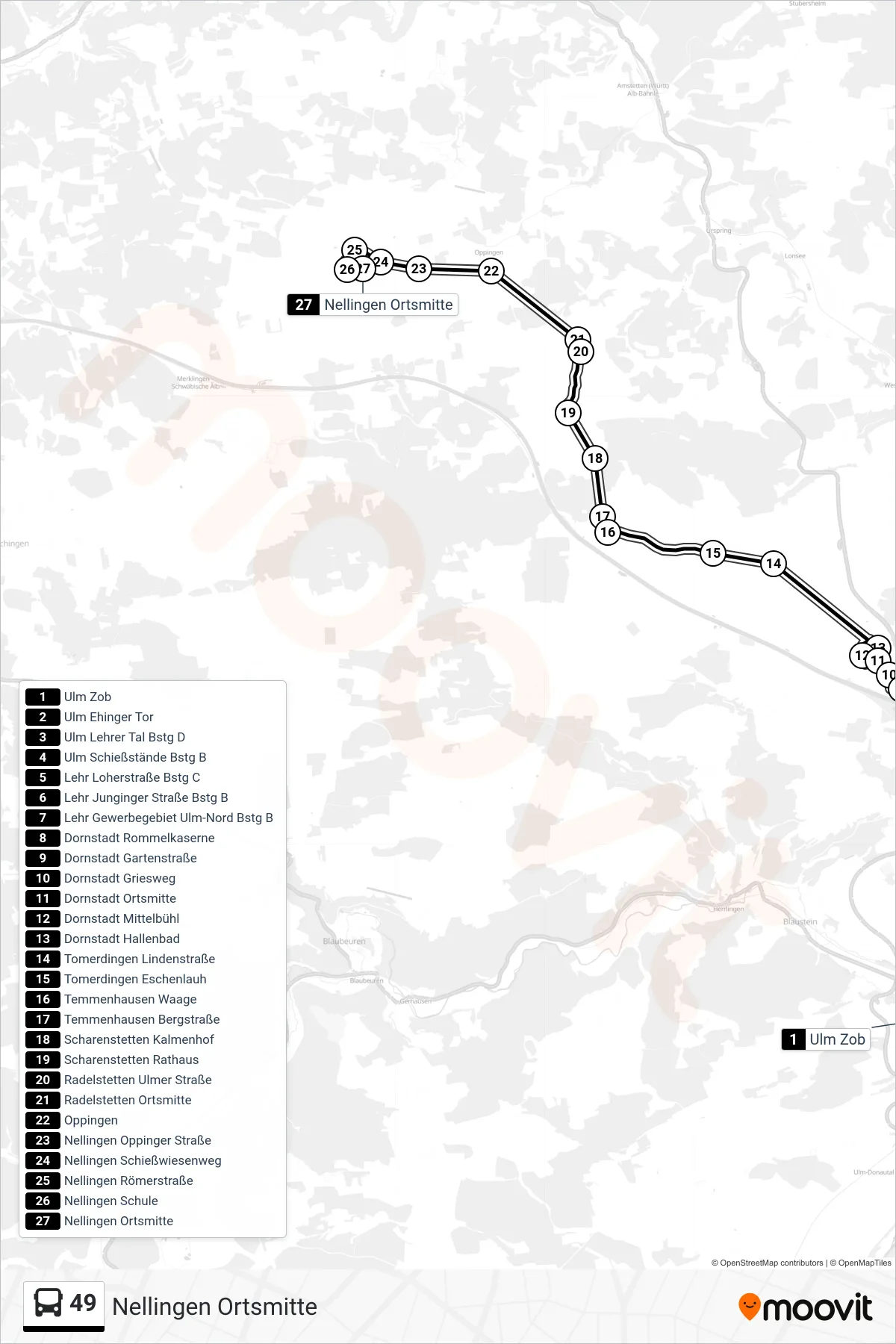 49 bus Line (Nellingen Ortsmitte) route and stops on a map