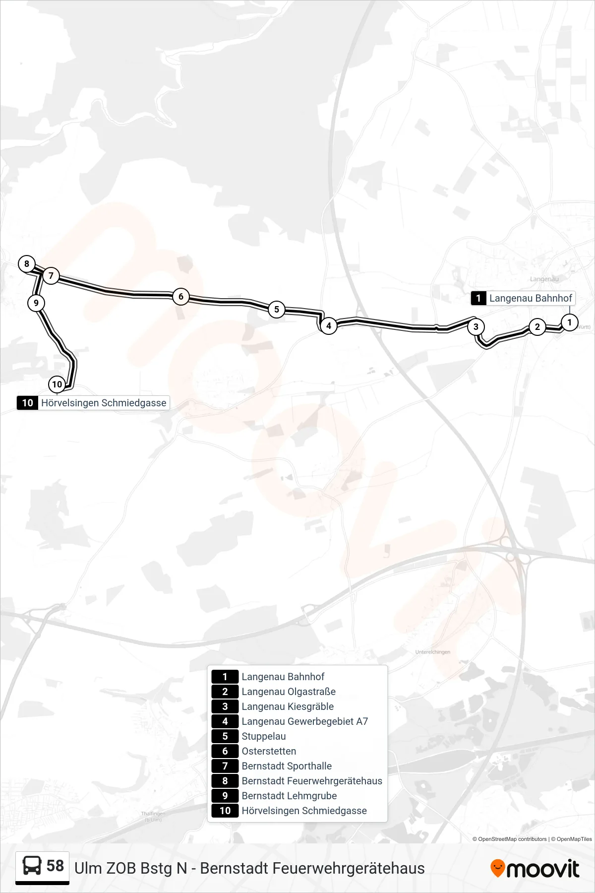 58 bus Line (Hörvelsingen Schmiedgasse) route and stops on a map