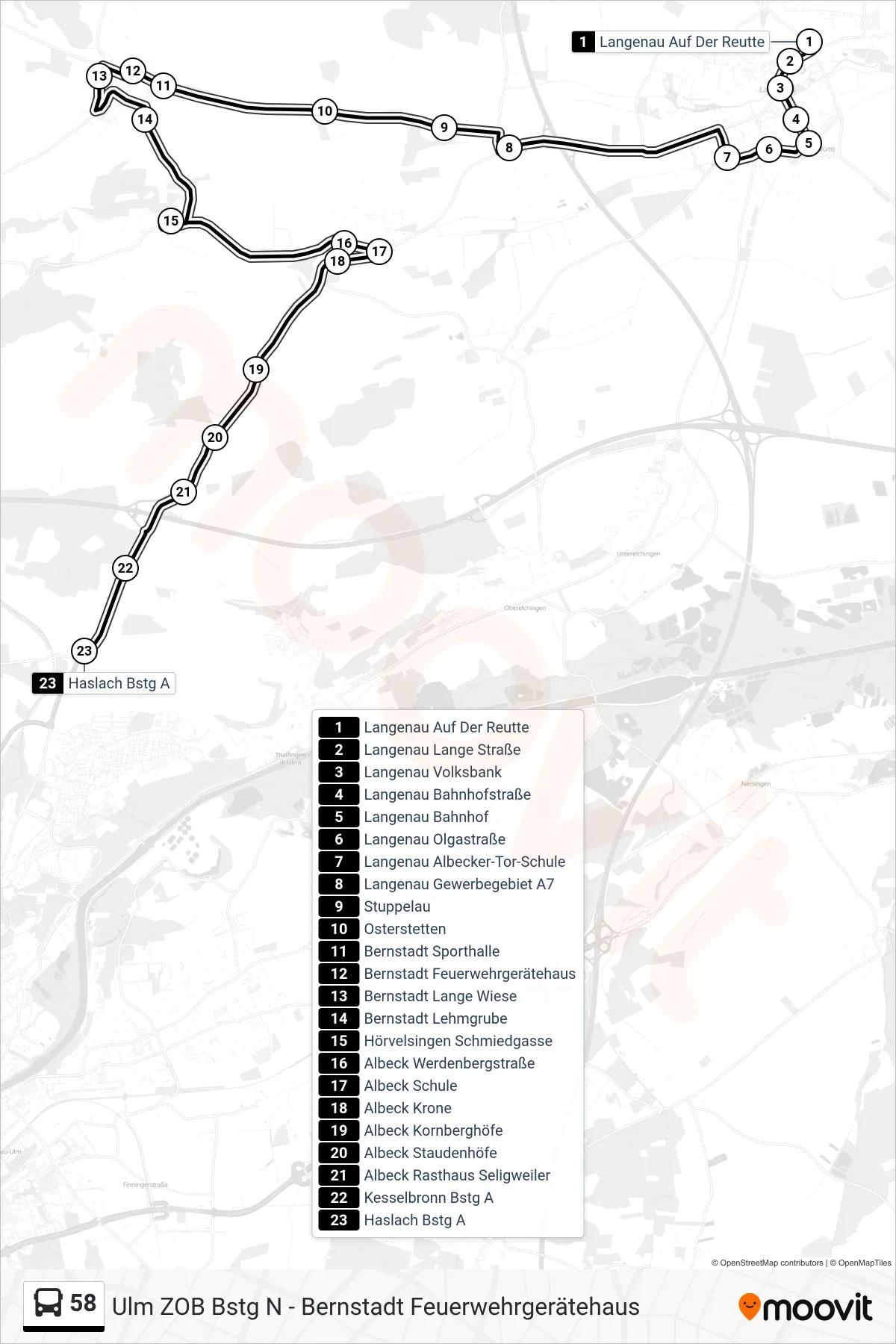 58 bus Line (Haslach) route and stops on a map