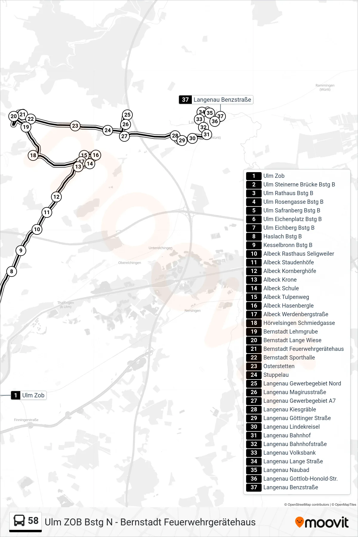 58 bus Line (Langenau Benzstraße) route and stops on a map