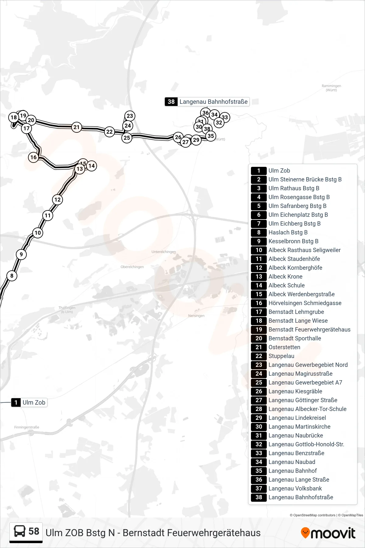 58 bus Line (Langenau Bahnhof) route and stops on a map