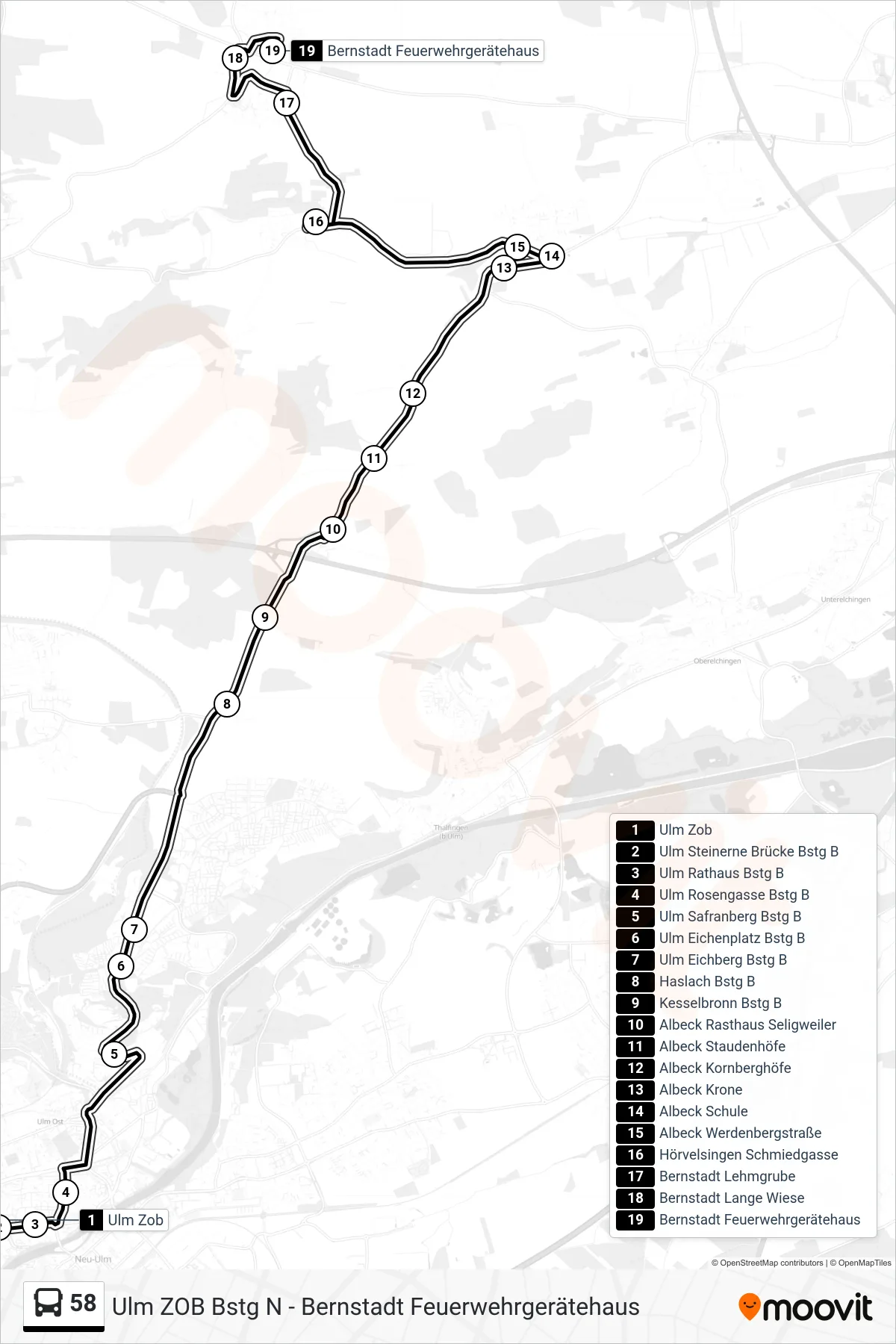 58 bus Line (Bernstadt Feuerwehrgerätehaus) route and stops on a map