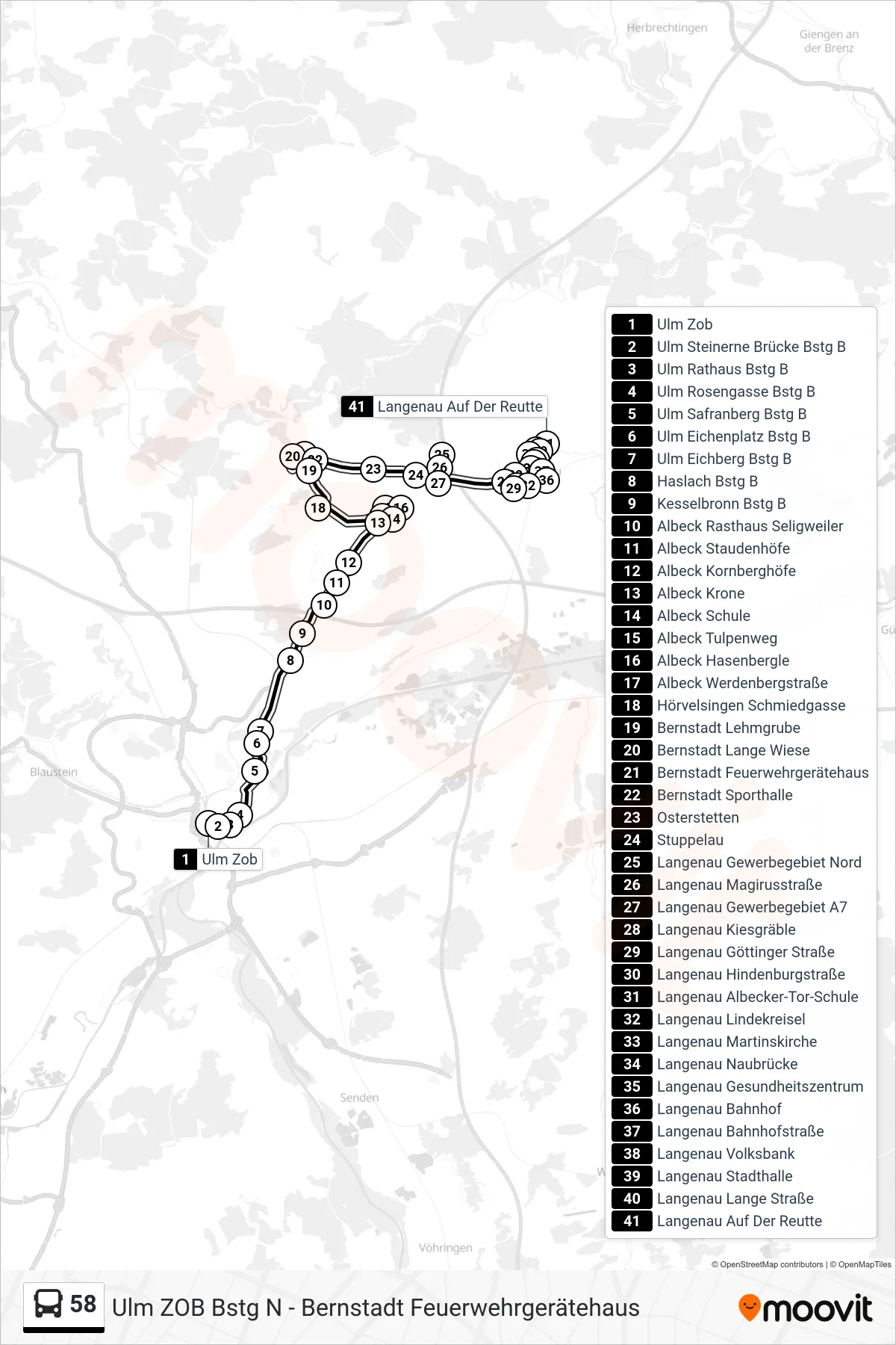 58 bus Line (Langenau Auf Der Reutte) route and stops on a map