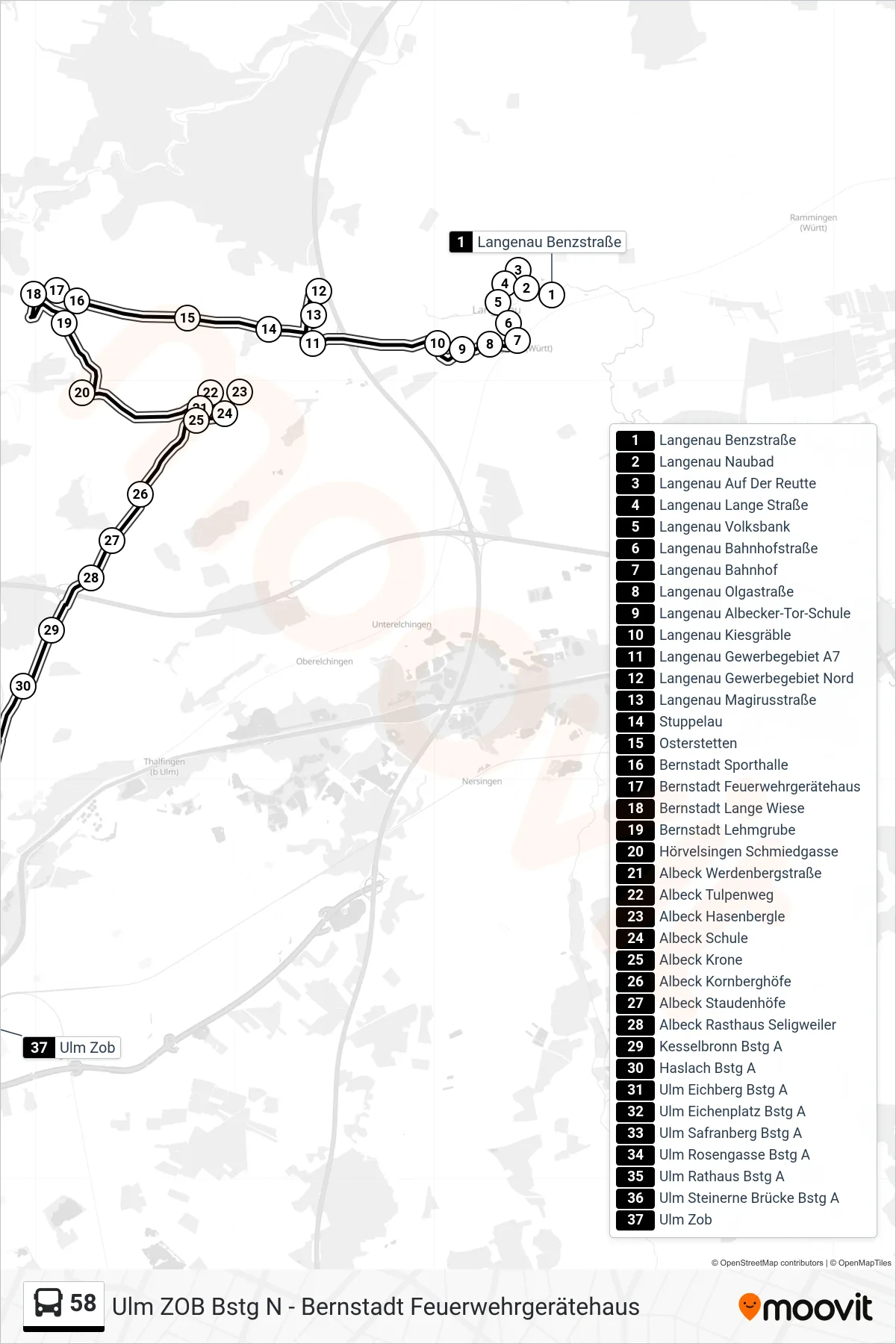 58 bus Line (Ulm Zob) route and stops on a map