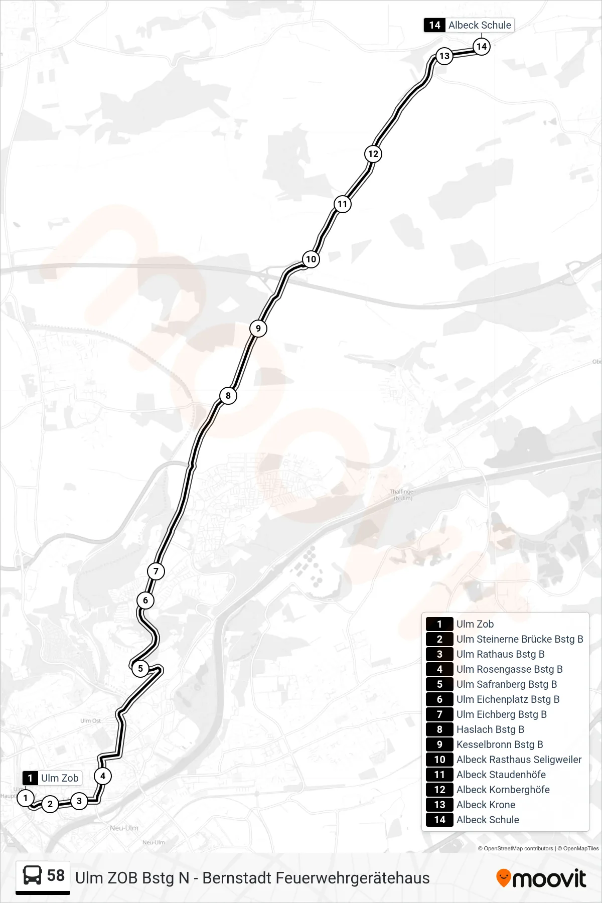 58 bus Line (Albeck Schule) route and stops on a map
