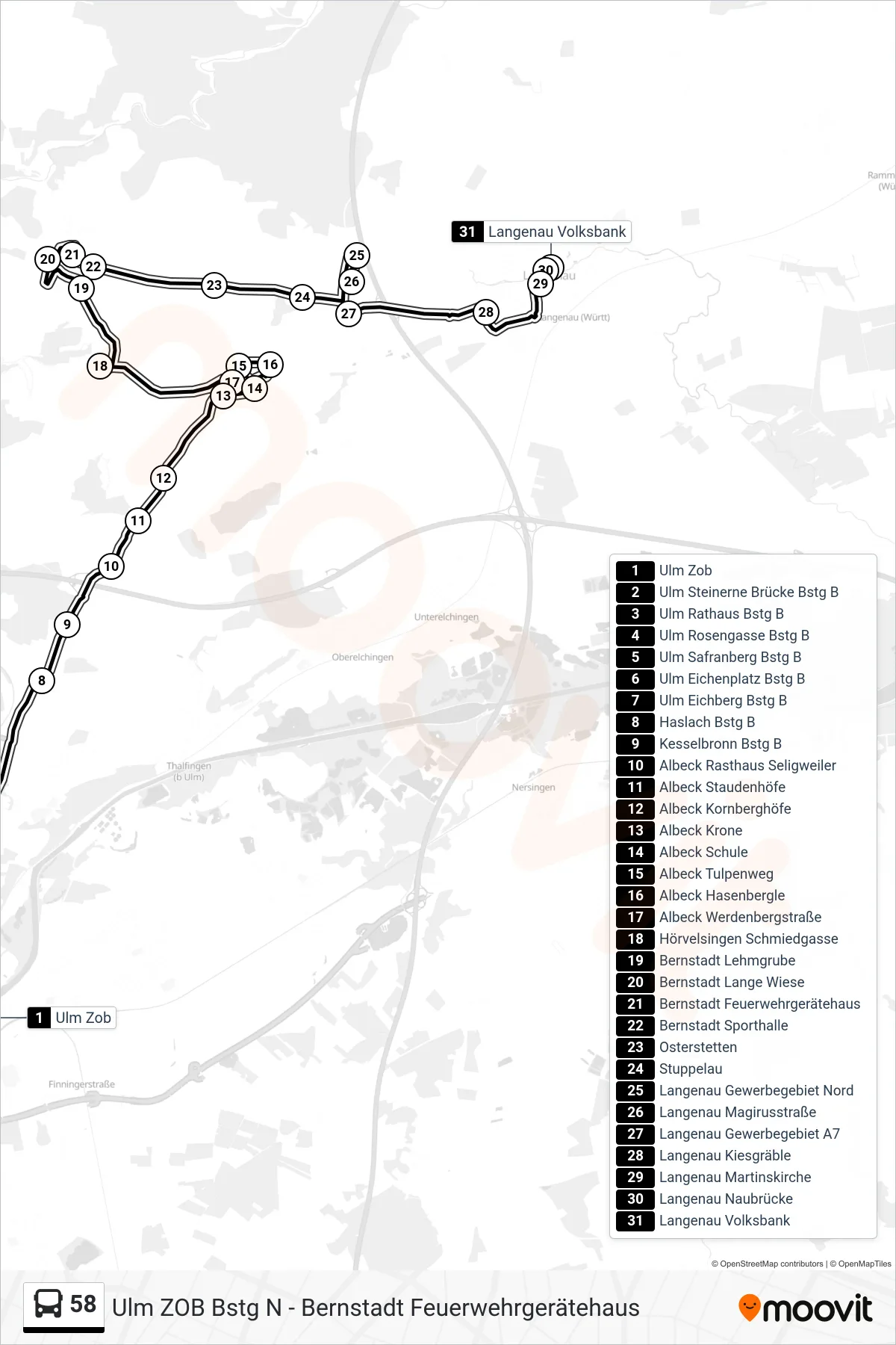 58 bus Line (Langenau Volksbank) route and stops on a map