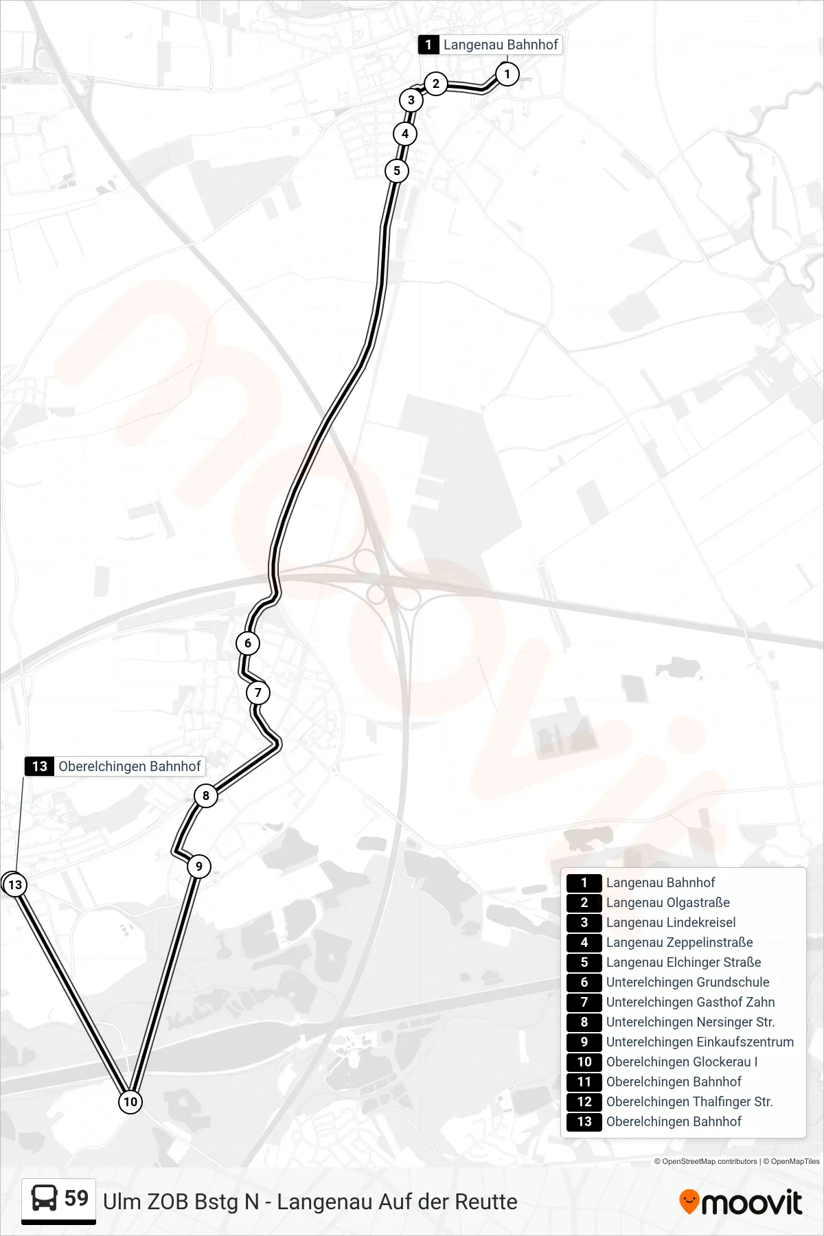 59 bus Line (Oberelchingen Bahnhof) route and stops on a map