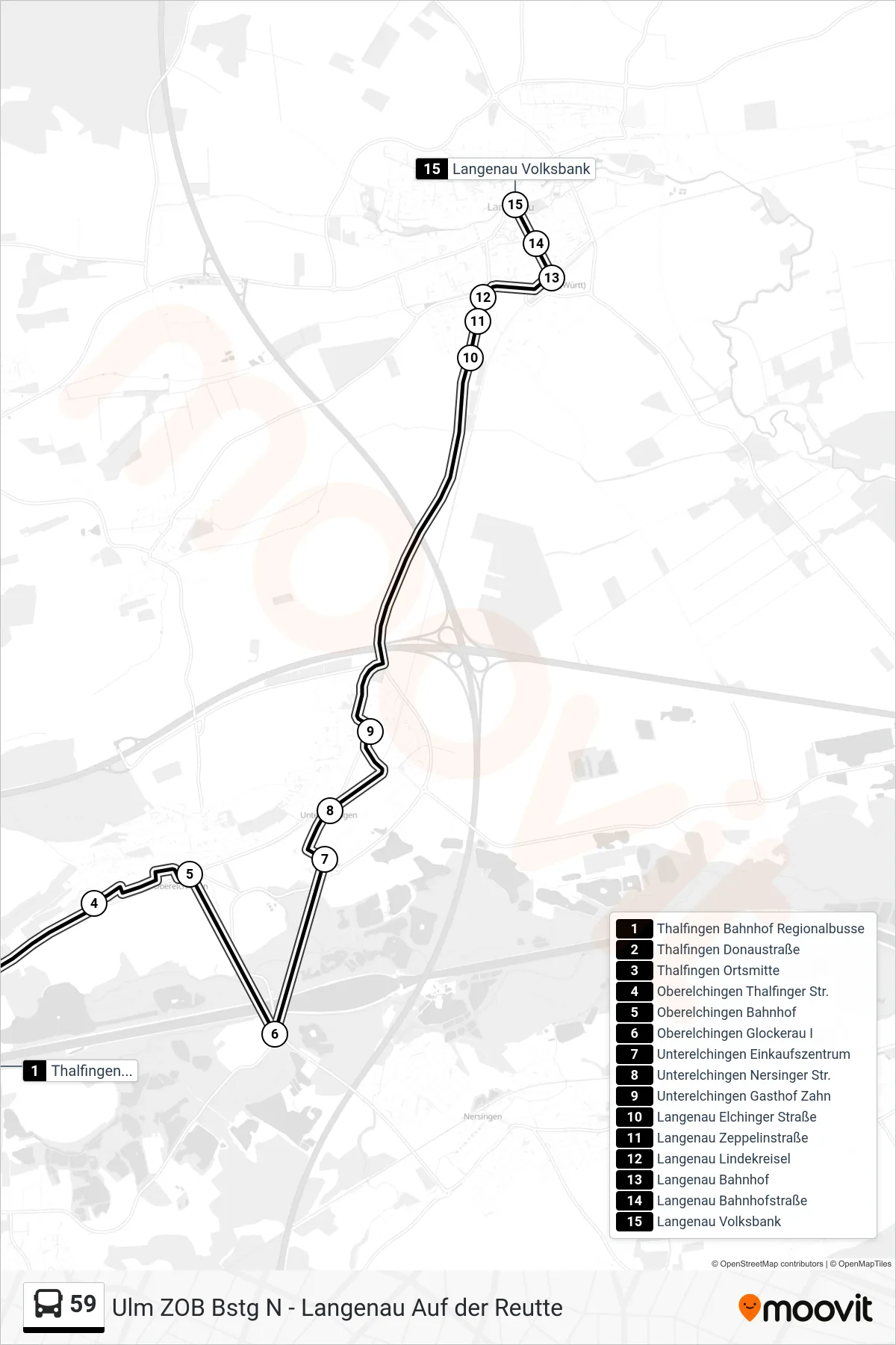 Linie 59 (Bus) Richtung Langenau Volksbank: Route und Haltestellen auf der Karte