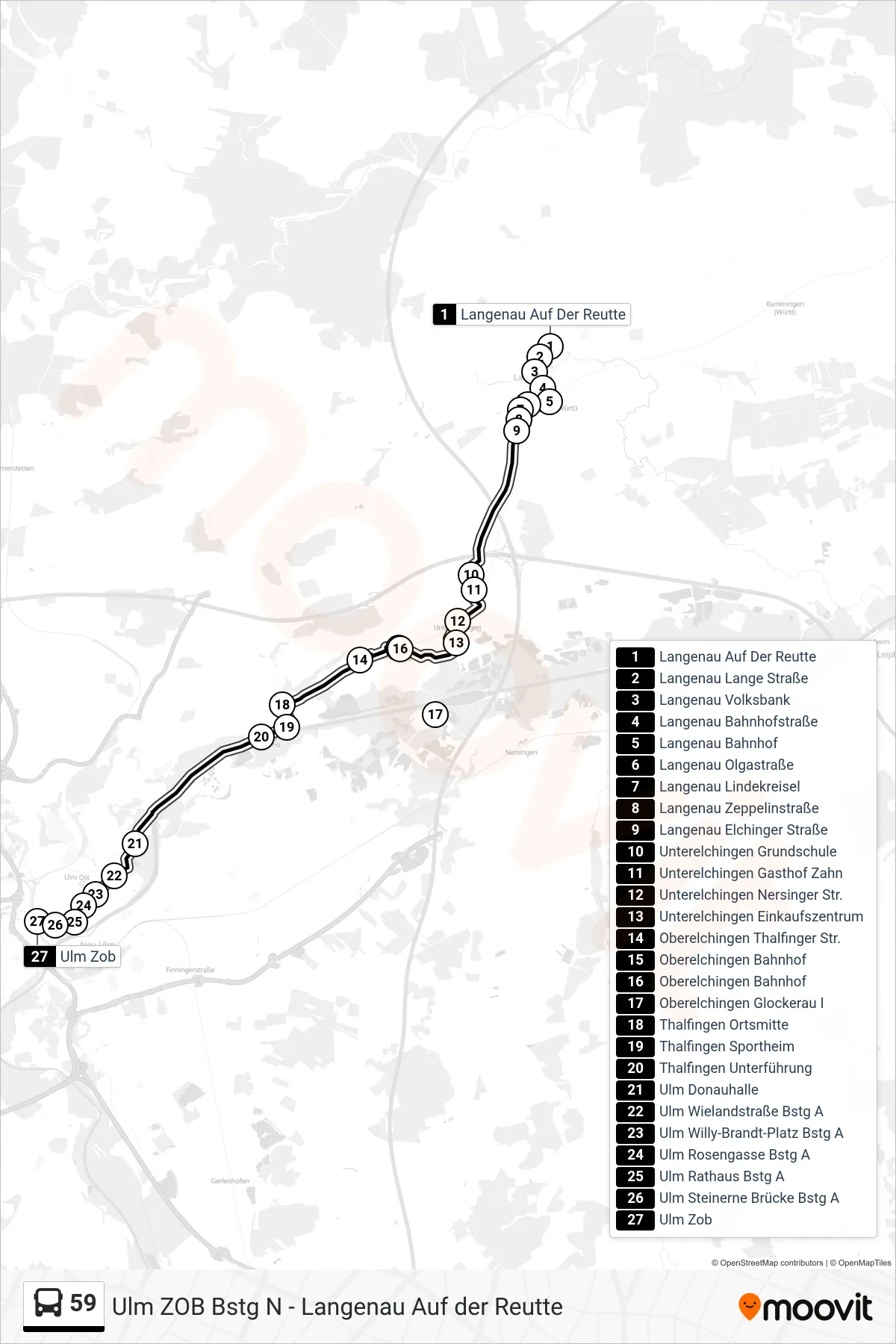 59 bus Line (Ulm Zob) route and stops on a map