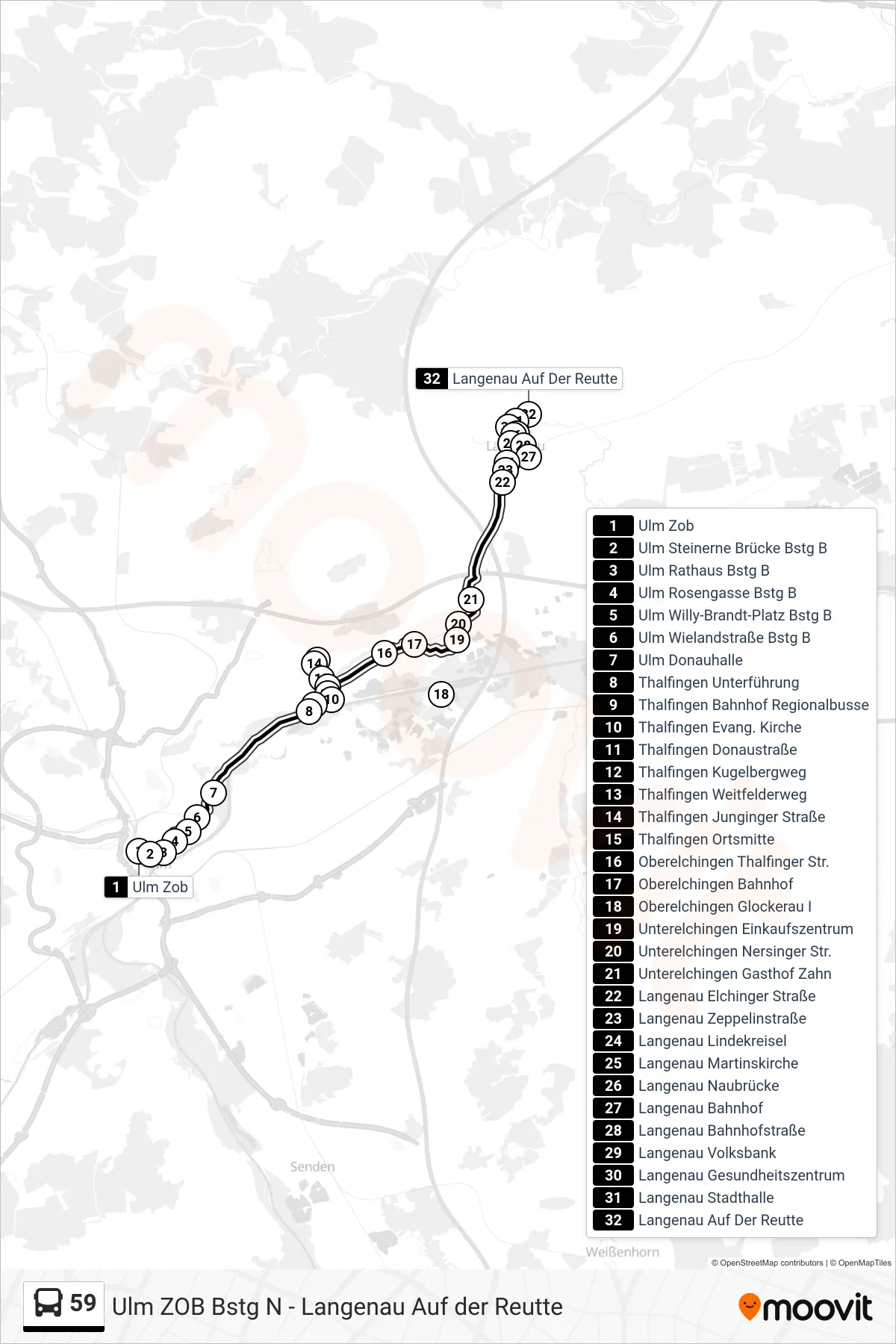 59 bus Line (Langenau Auf Der Reutte) route and stops on a map