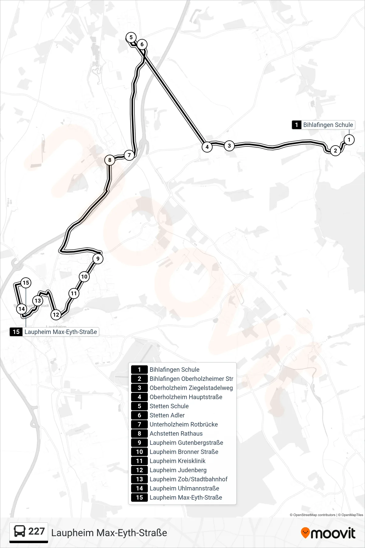 Linie 227 (Bus) Richtung Laupheim Max-Eyth-Straße: Route und Haltestellen auf der Karte