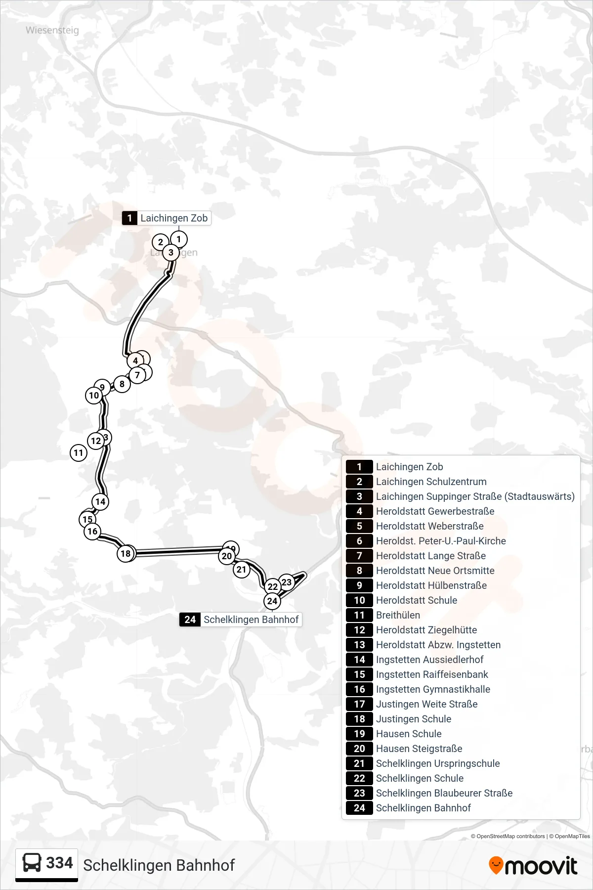 334 bus Line (Schelklingen Bahnhof) route and stops on a map