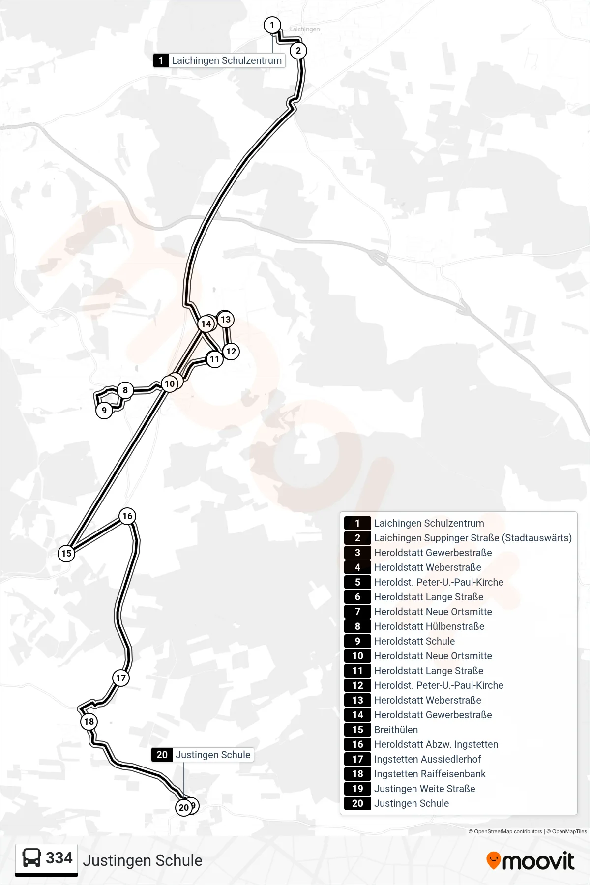 334 bus Line (Justingen Schule) route and stops on a map