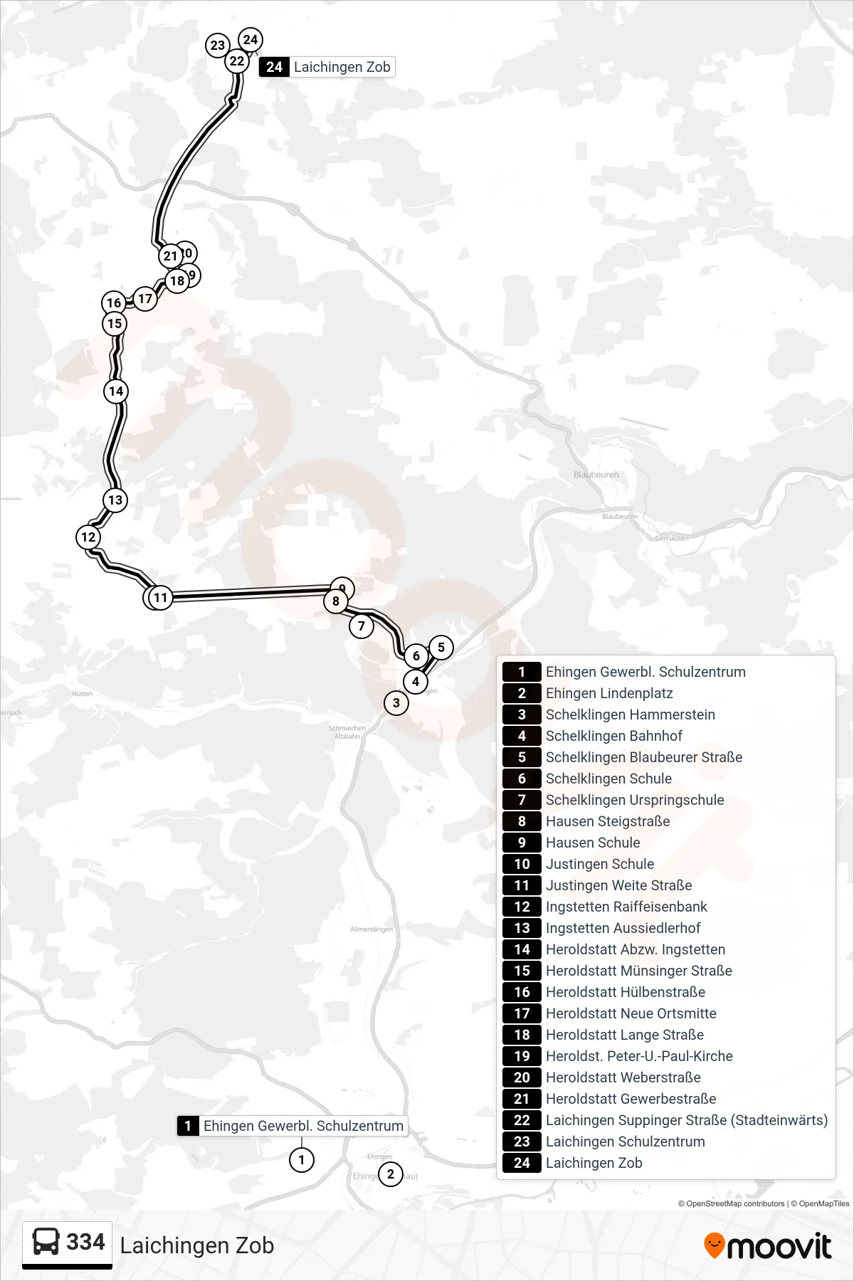 334 bus Line (Laichingen Zob) route and stops on a map