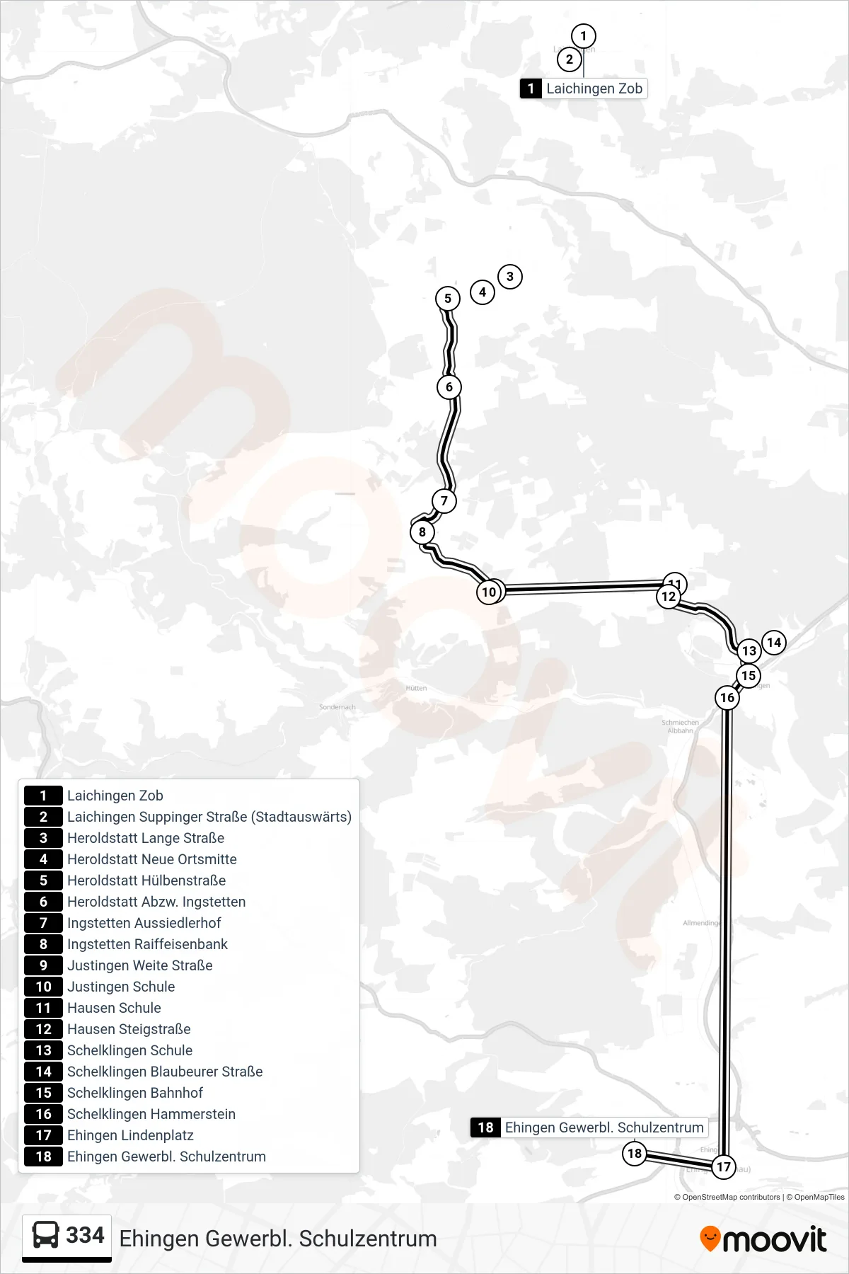 334 bus Line (Ehingen Gewerbl. Schulzentrum) route and stops on a map
