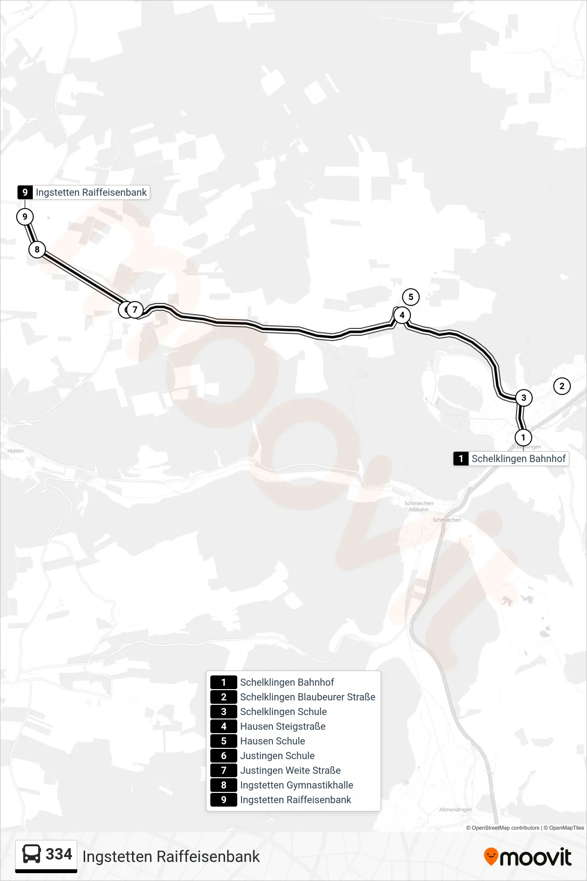 334 bus Line (Ingstetten Raiffeisenbank) route and stops on a map