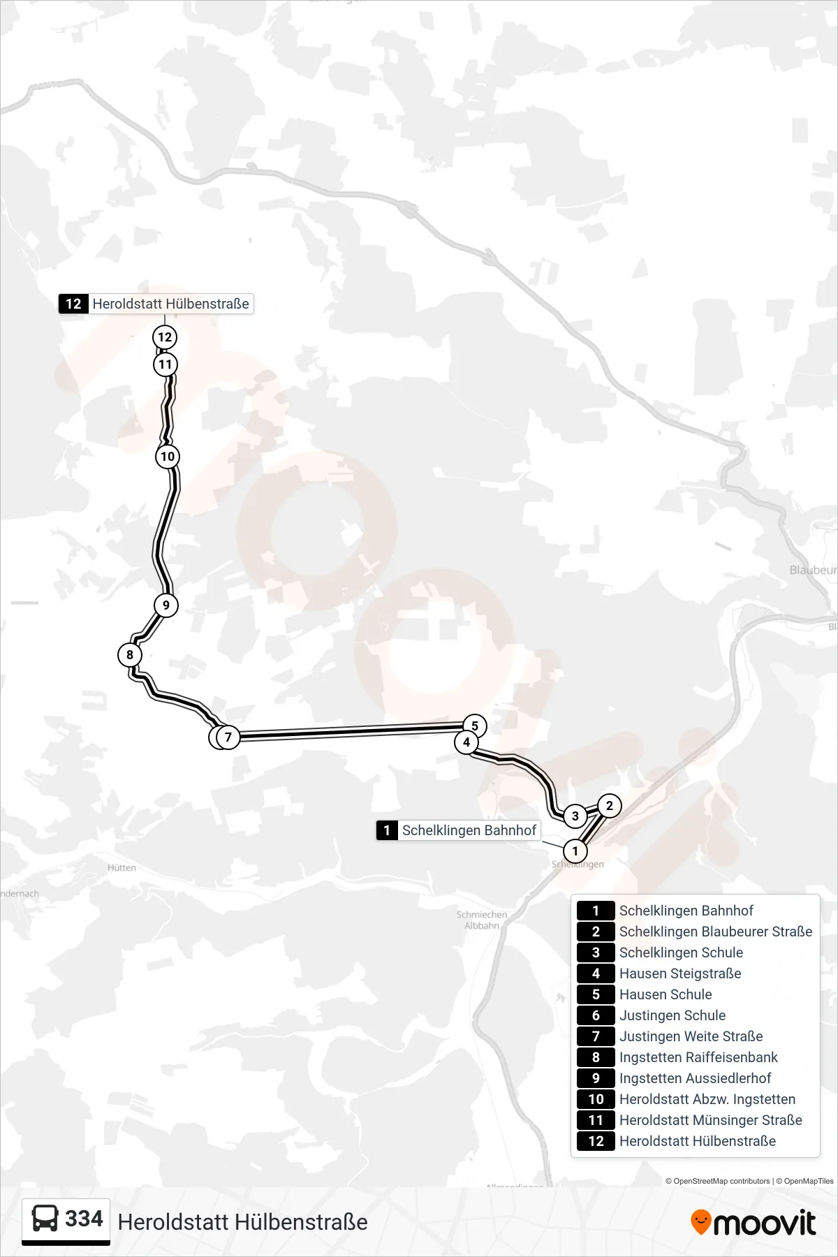 Linie 334 (Bus) Richtung Heroldstatt Hülbenstraße: Route und Haltestellen auf der Karte