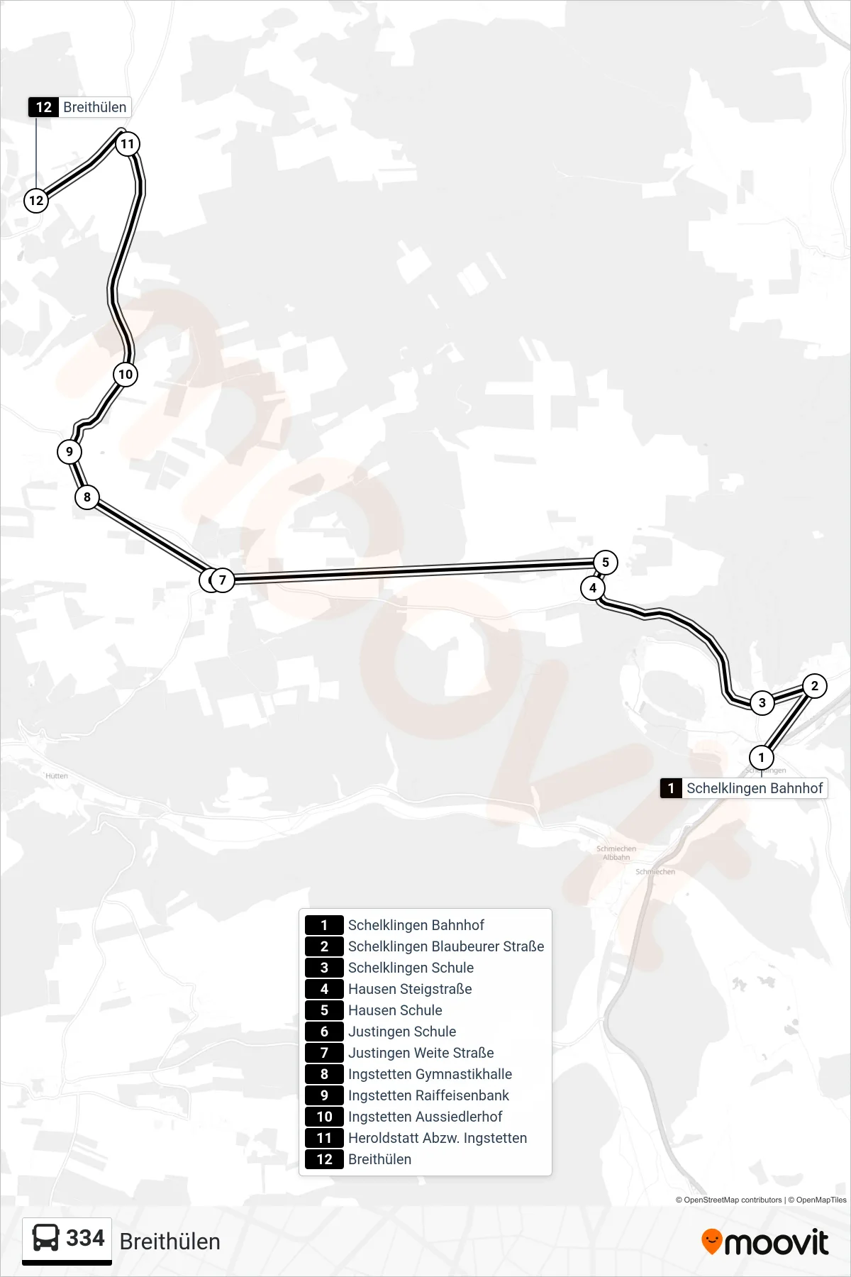334 bus Line (Breithülen) route and stops on a map