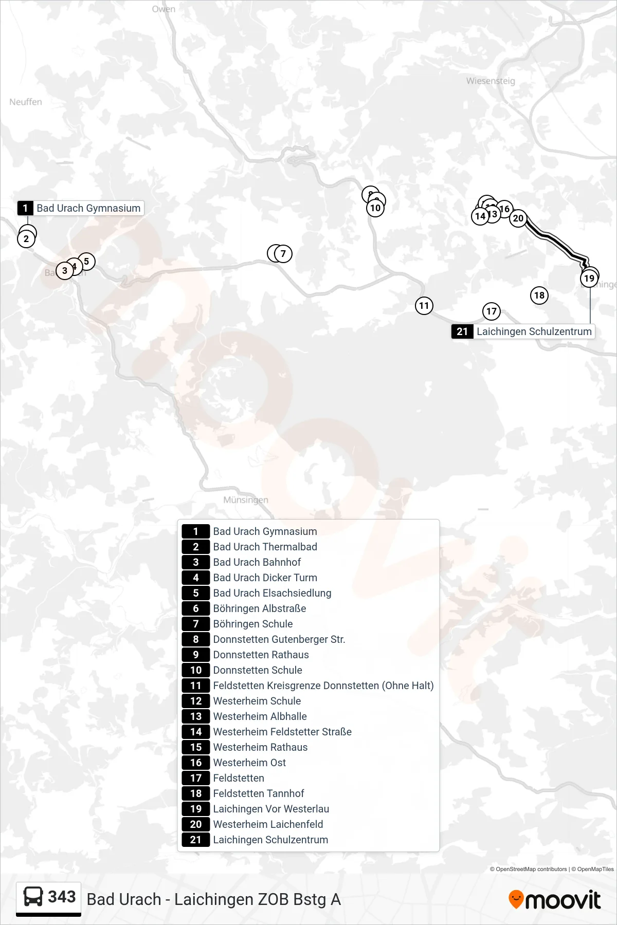 343 bus Line (Laichingen Schulzentrum) route and stops on a map
