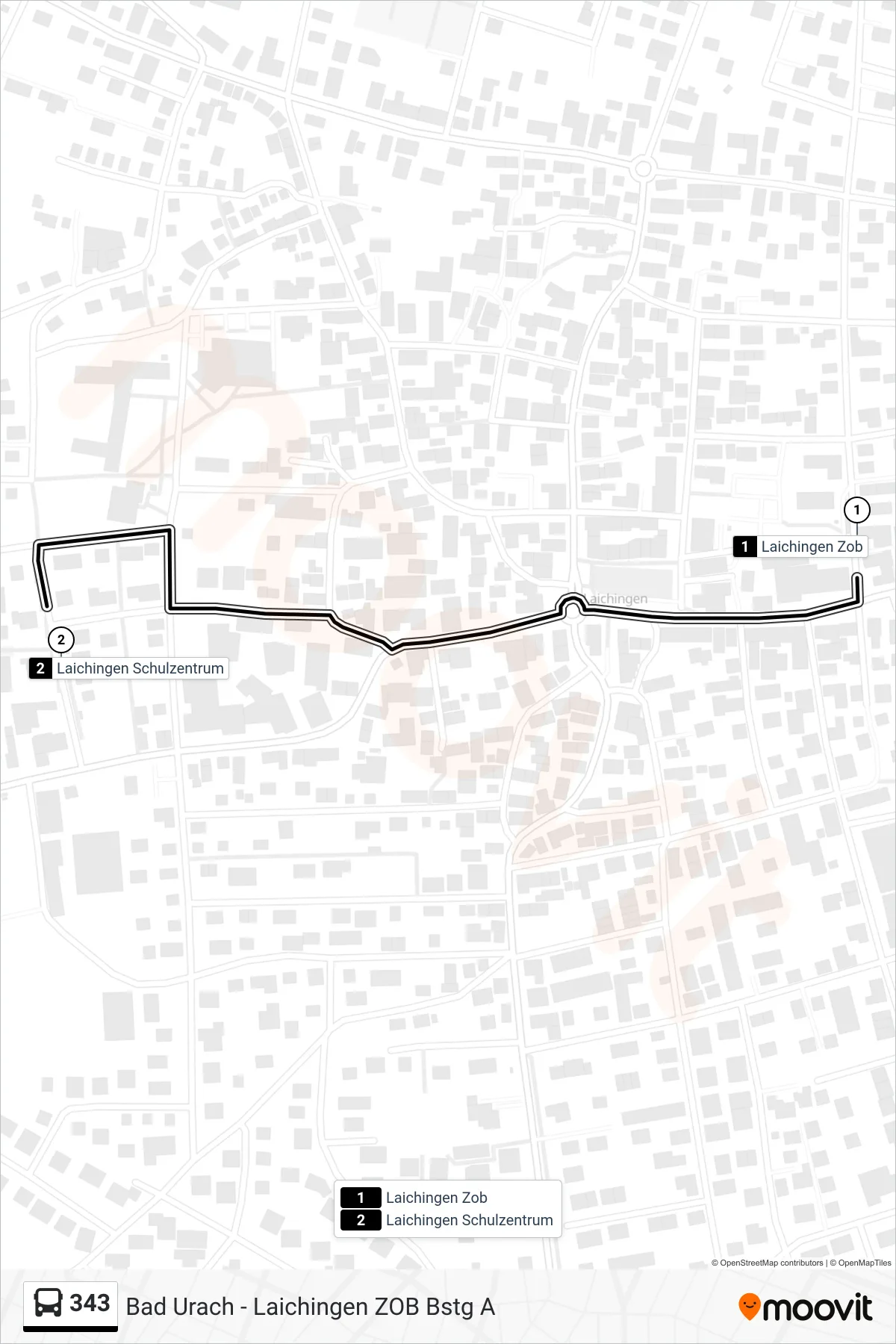 343 bus Line (Laichingen Schulzentrum) route and stops on a map