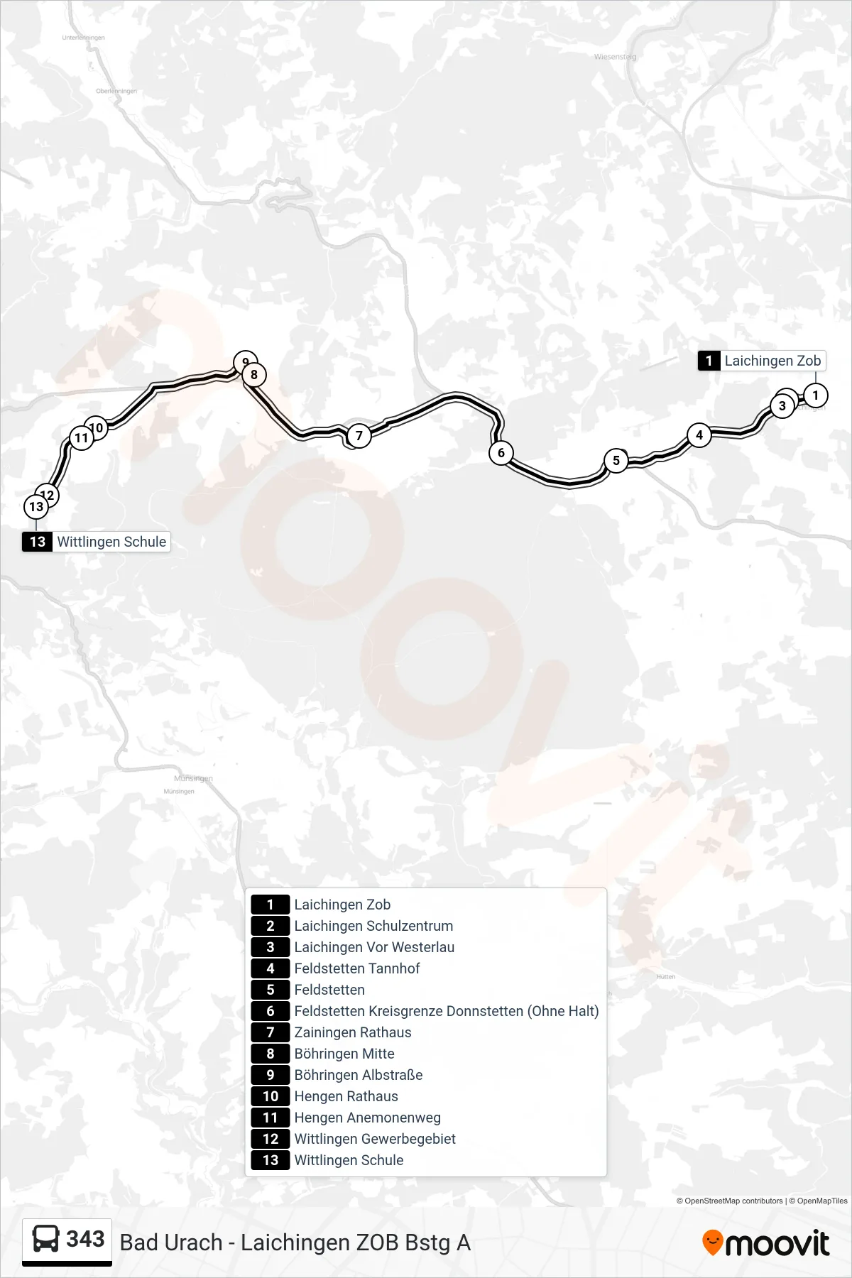 343 bus Line (Wittlingen Schule) route and stops on a map