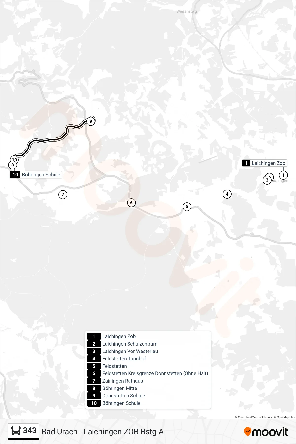 343 bus Line (Böhringen Schule) route and stops on a map