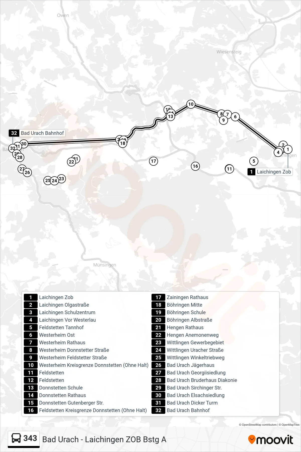 343 bus Line (Bad Urach Bahnhof) route and stops on a map