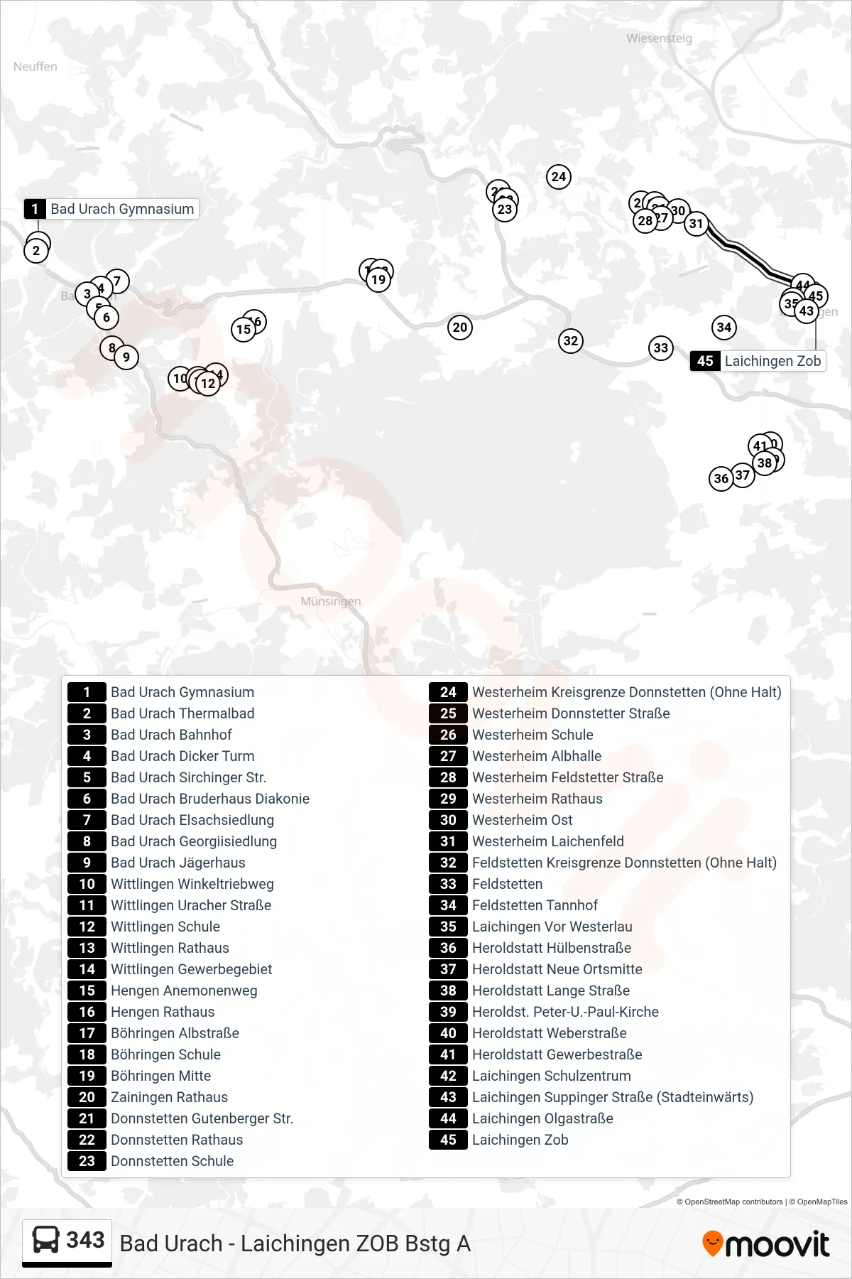 343 bus Line (Laichingen Zob) route and stops on a map