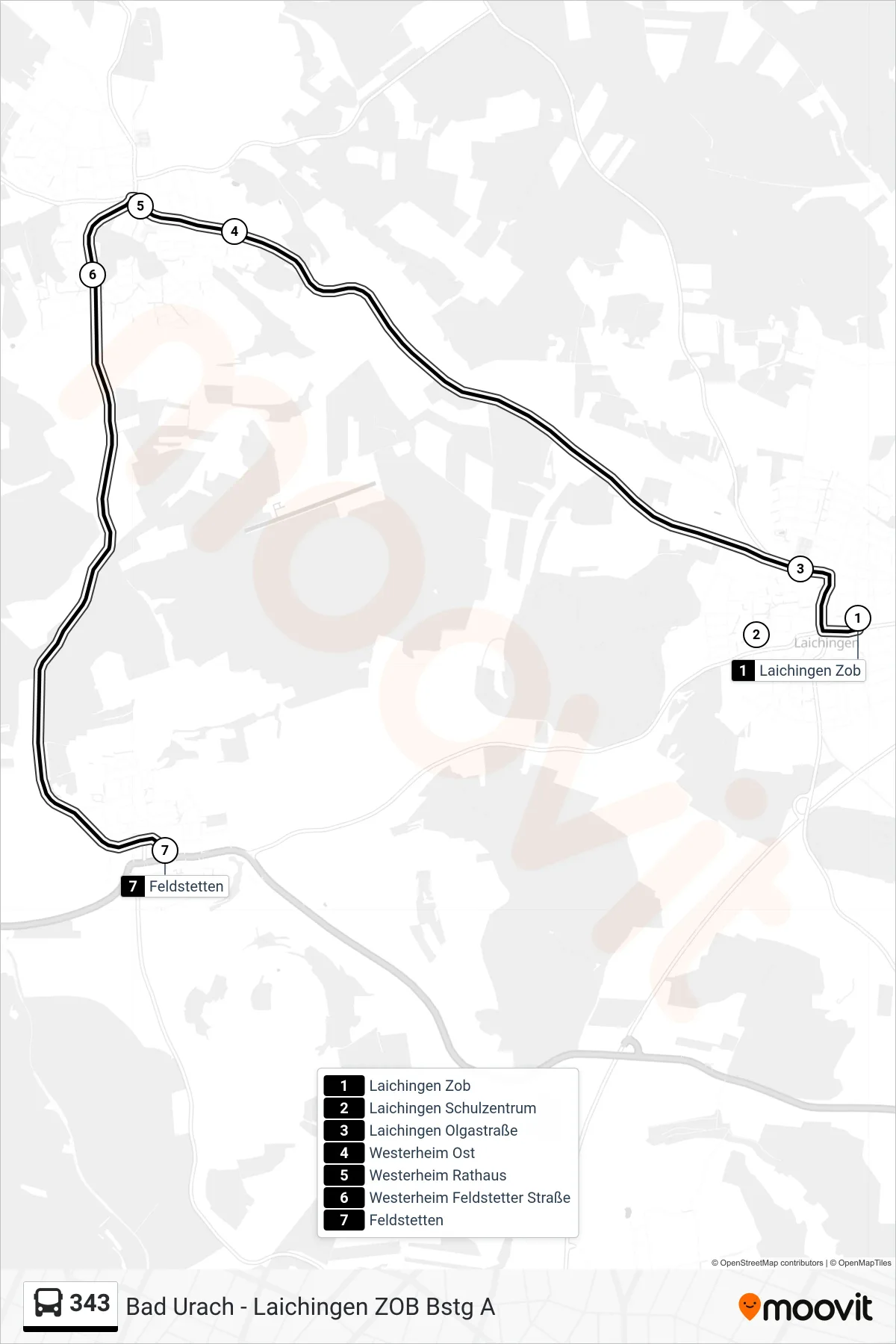 343 bus Line (Feldstetten) route and stops on a map