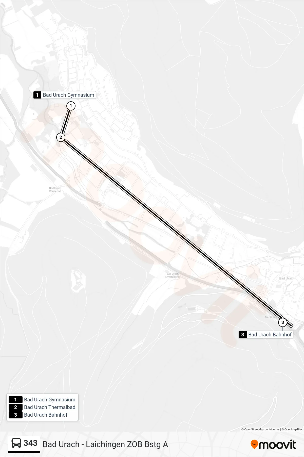 343 bus Line (Bad Urach Bahnhof) route and stops on a map