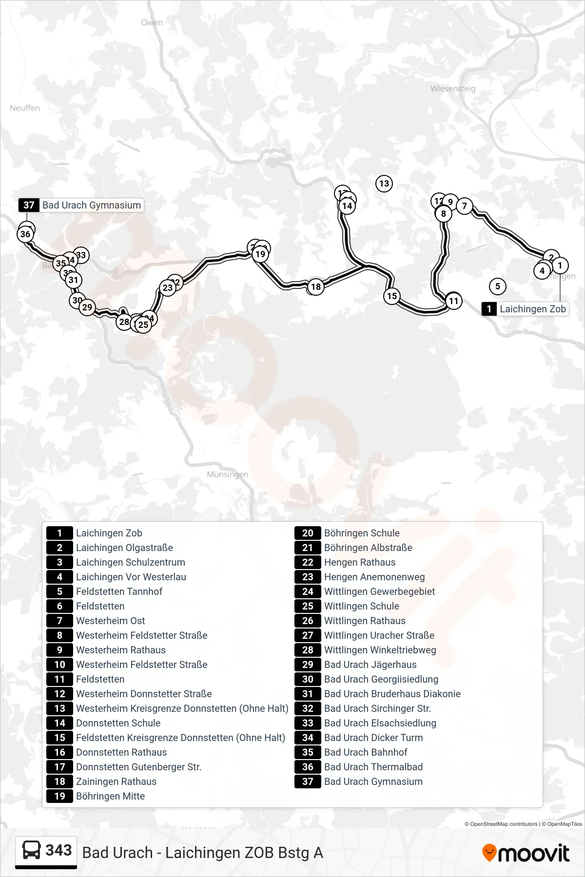 Linie 343 (Bus) Richtung Bad Urach Gymnasium: Route und Haltestellen auf der Karte