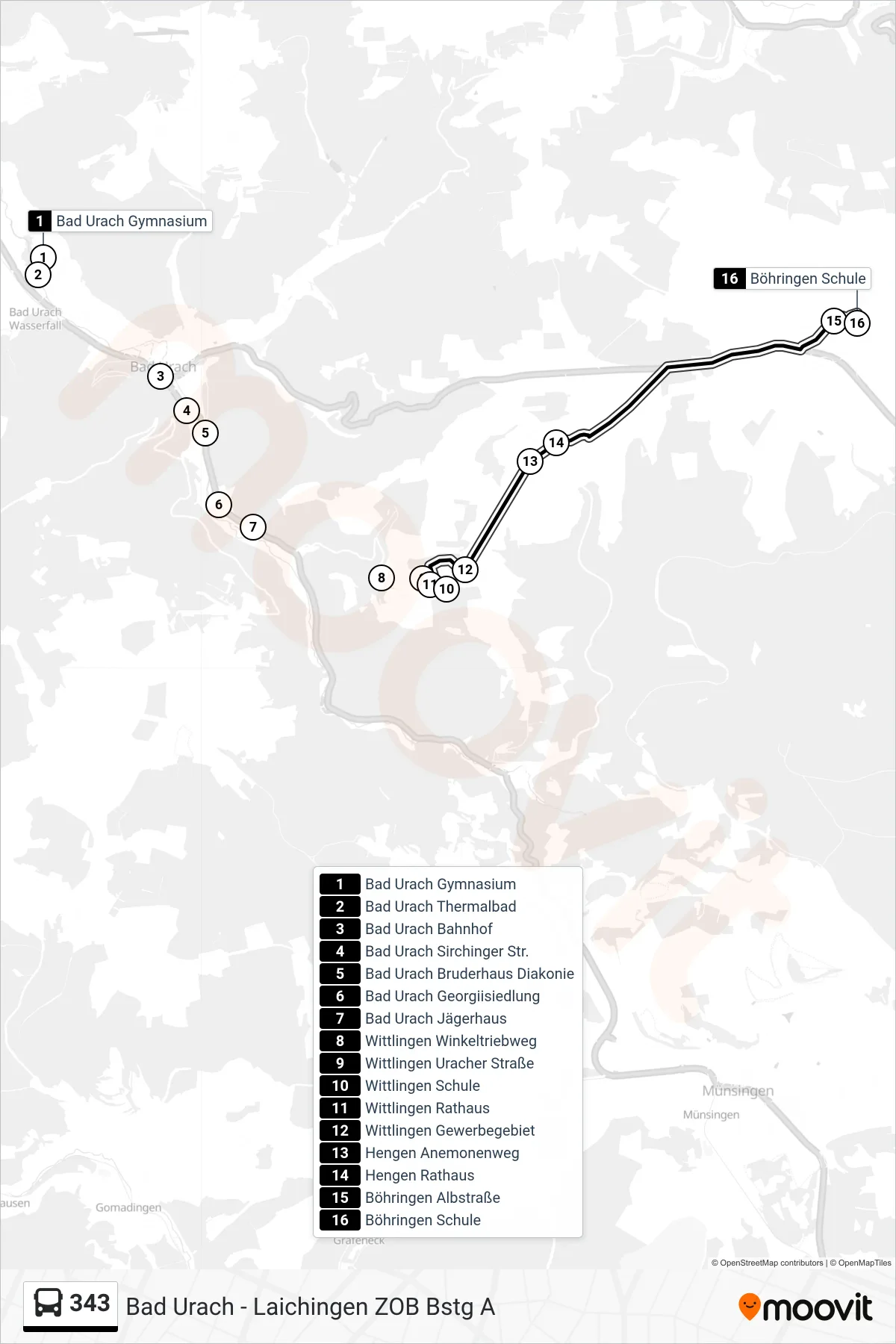 343 bus Line (Böhringen Schule) route and stops on a map