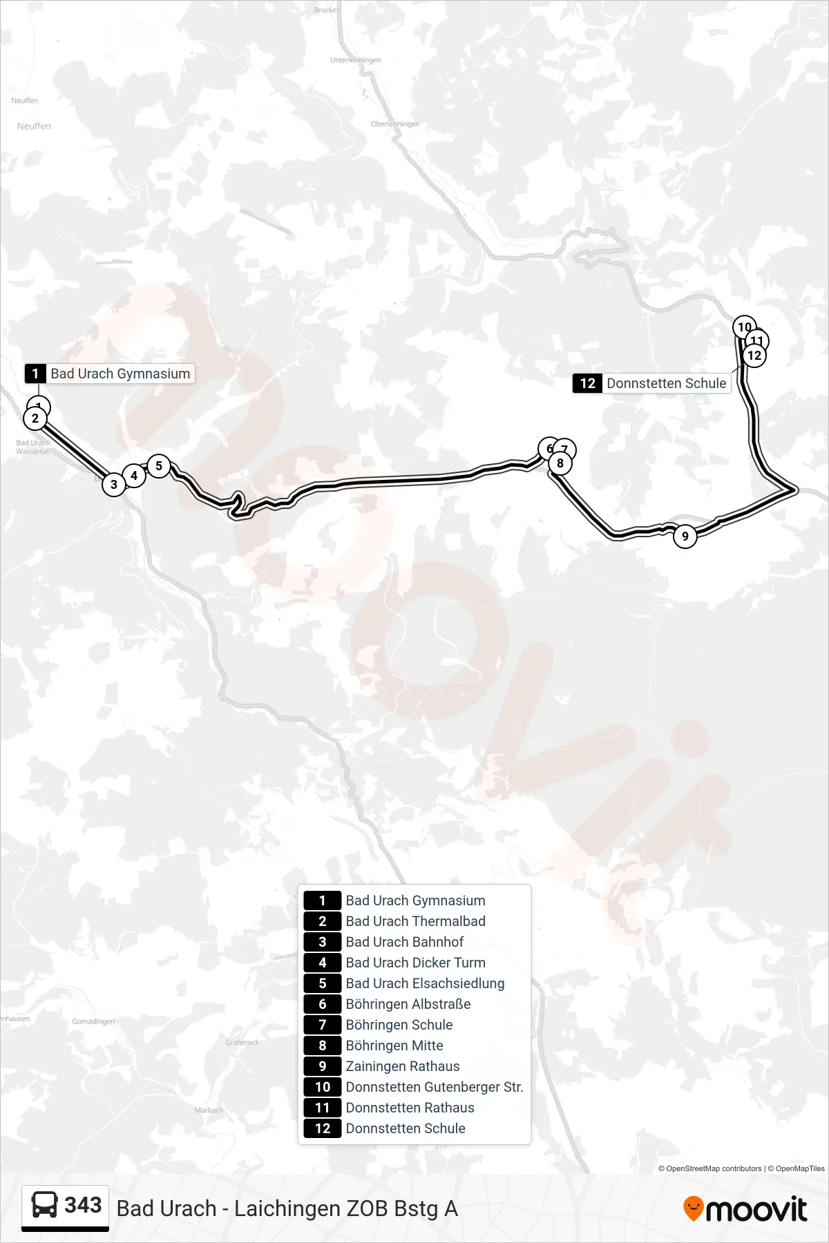 343 bus Line (Donnstetten Schule) route and stops on a map