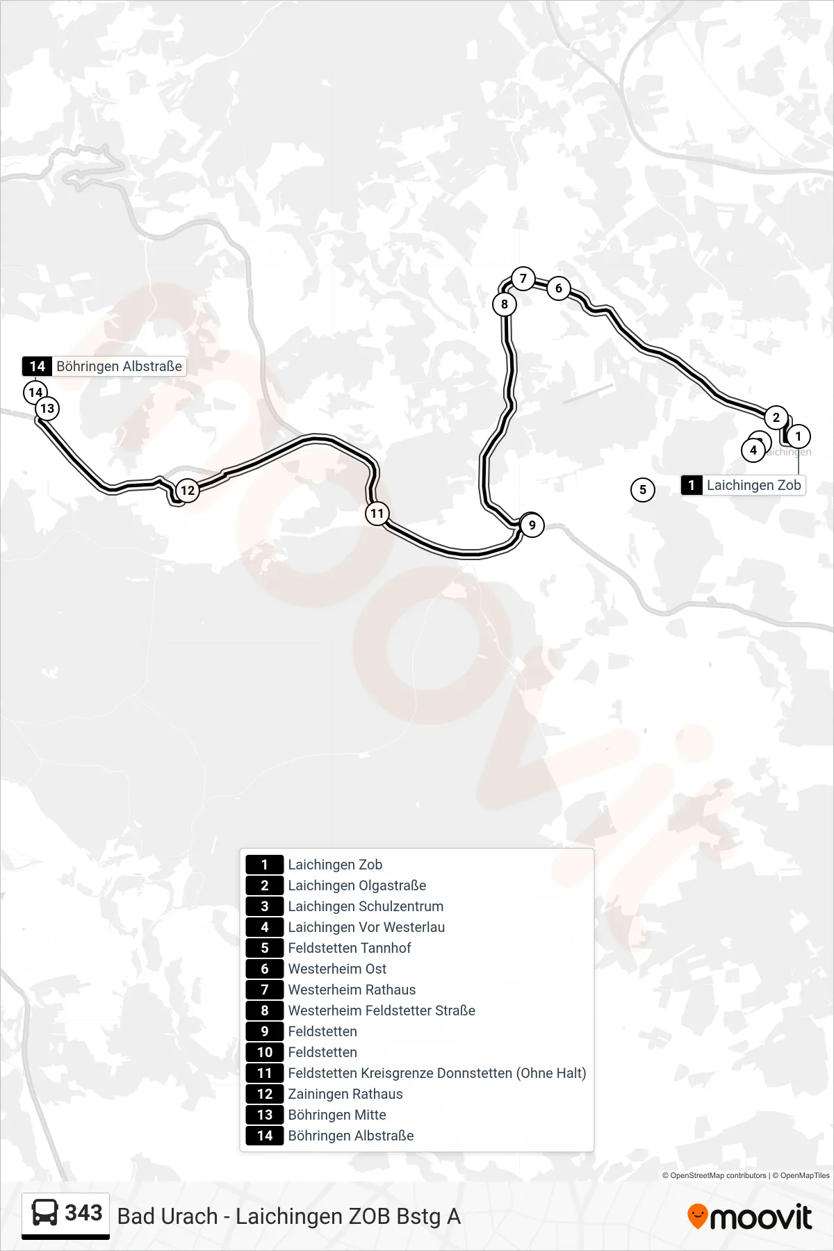 343 bus Line (Böhringen Albstraße) route and stops on a map