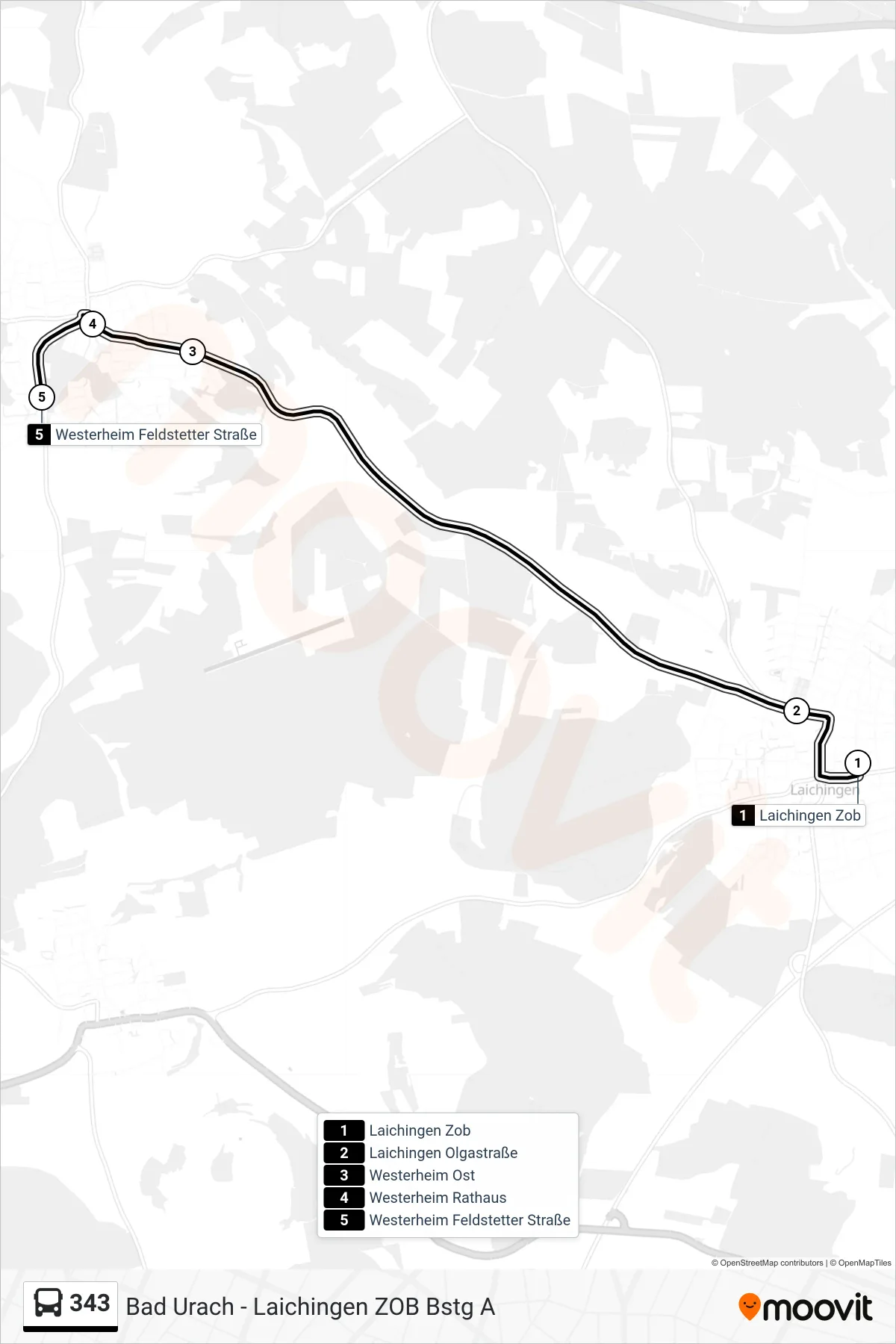 343 bus Line (Westerheim Feldstetter Straße) route and stops on a map