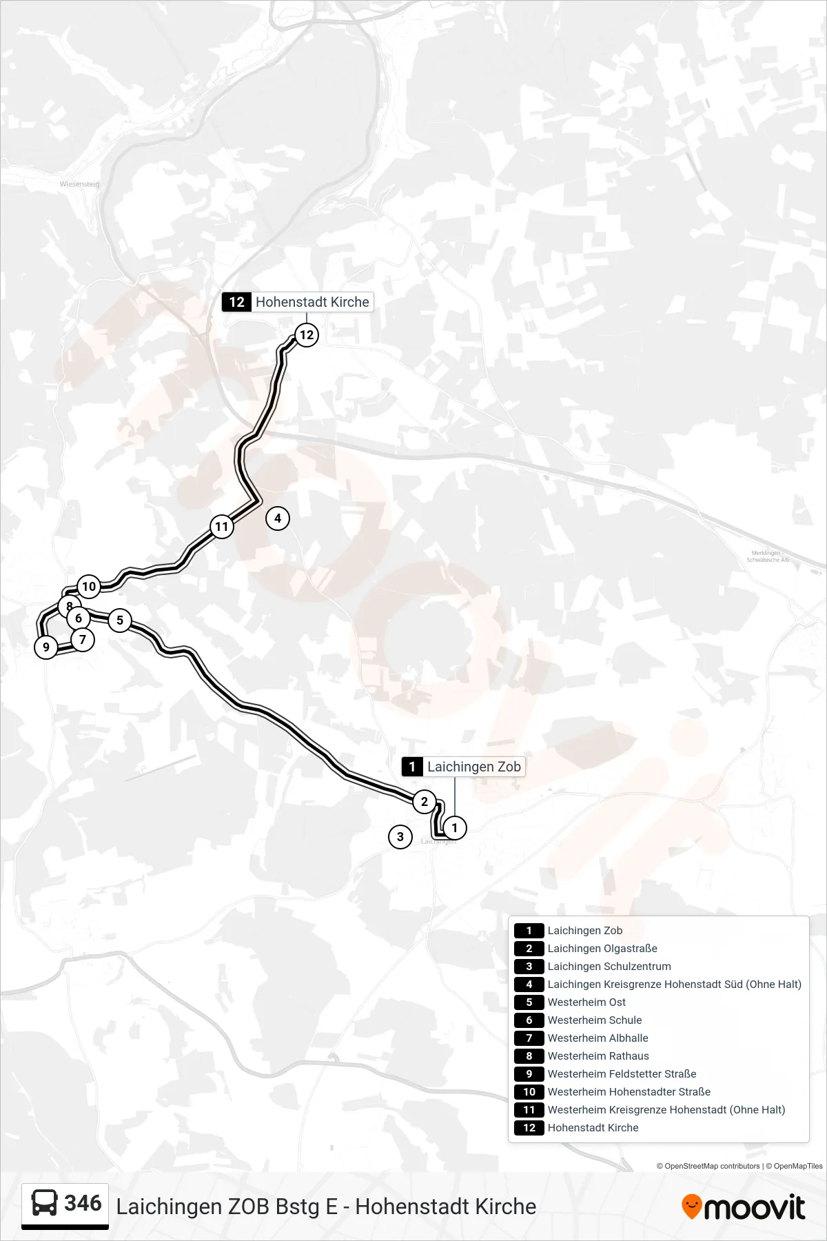 346 bus Line (Hohenstadt Kirche) route and stops on a map