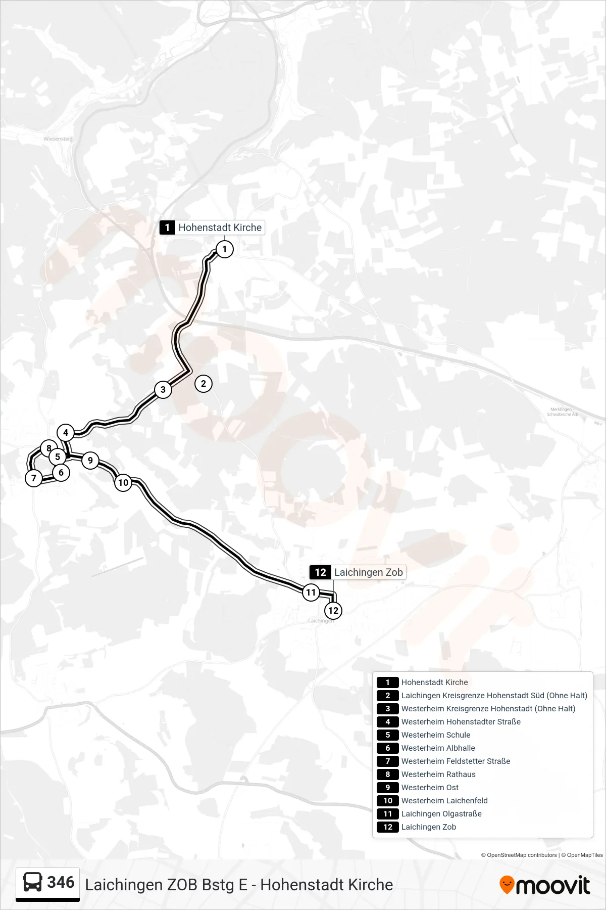 346 bus Line (Laichingen Zob) route and stops on a map