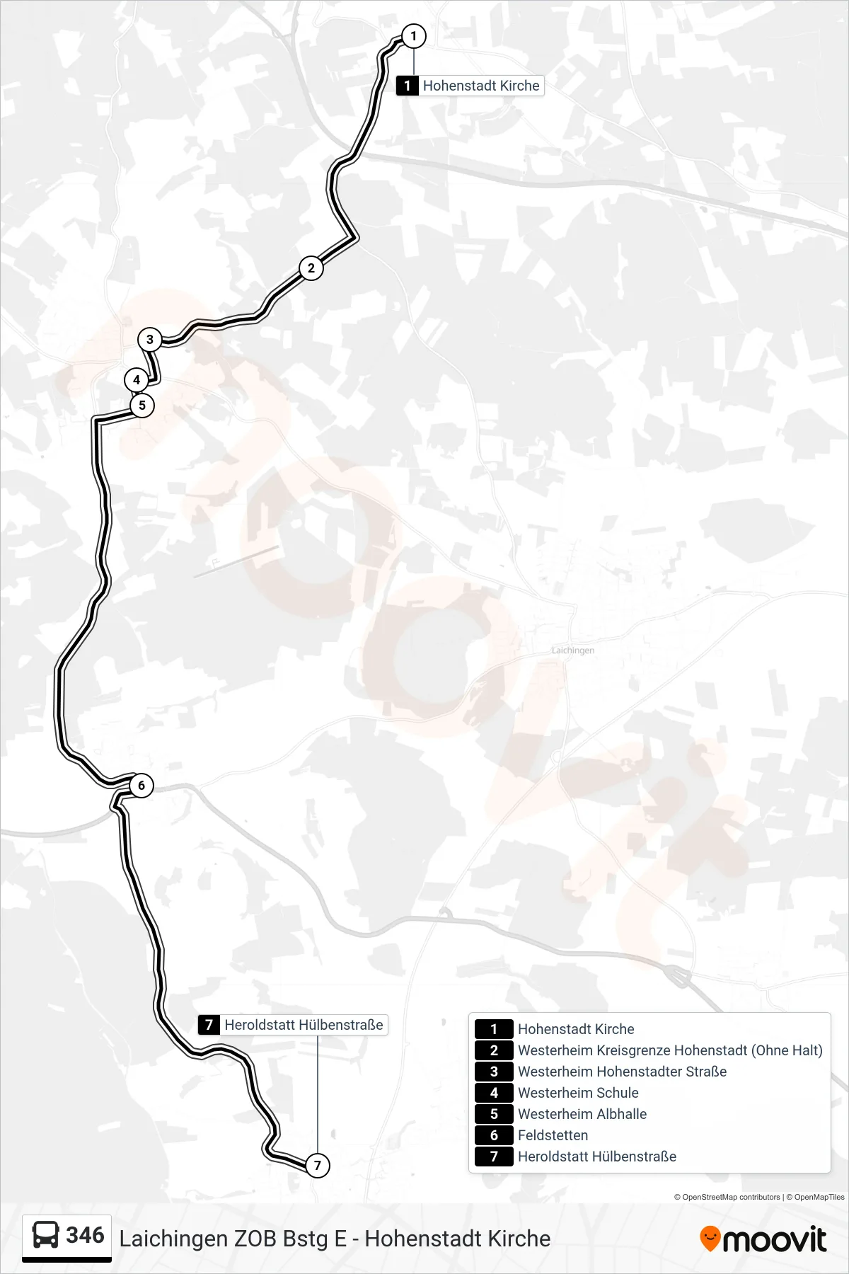 346 bus Line (Heroldstatt Hülbenstraße) route and stops on a map