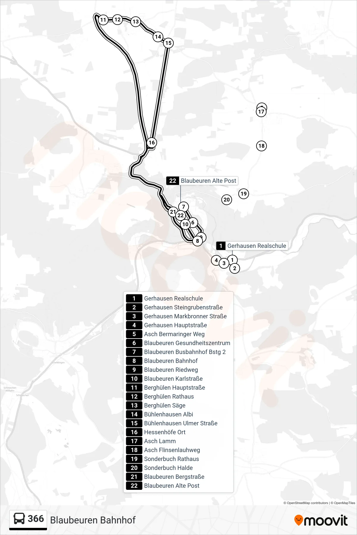 366 bus Line (Blaubeuren Bahnhof) route and stops on a map