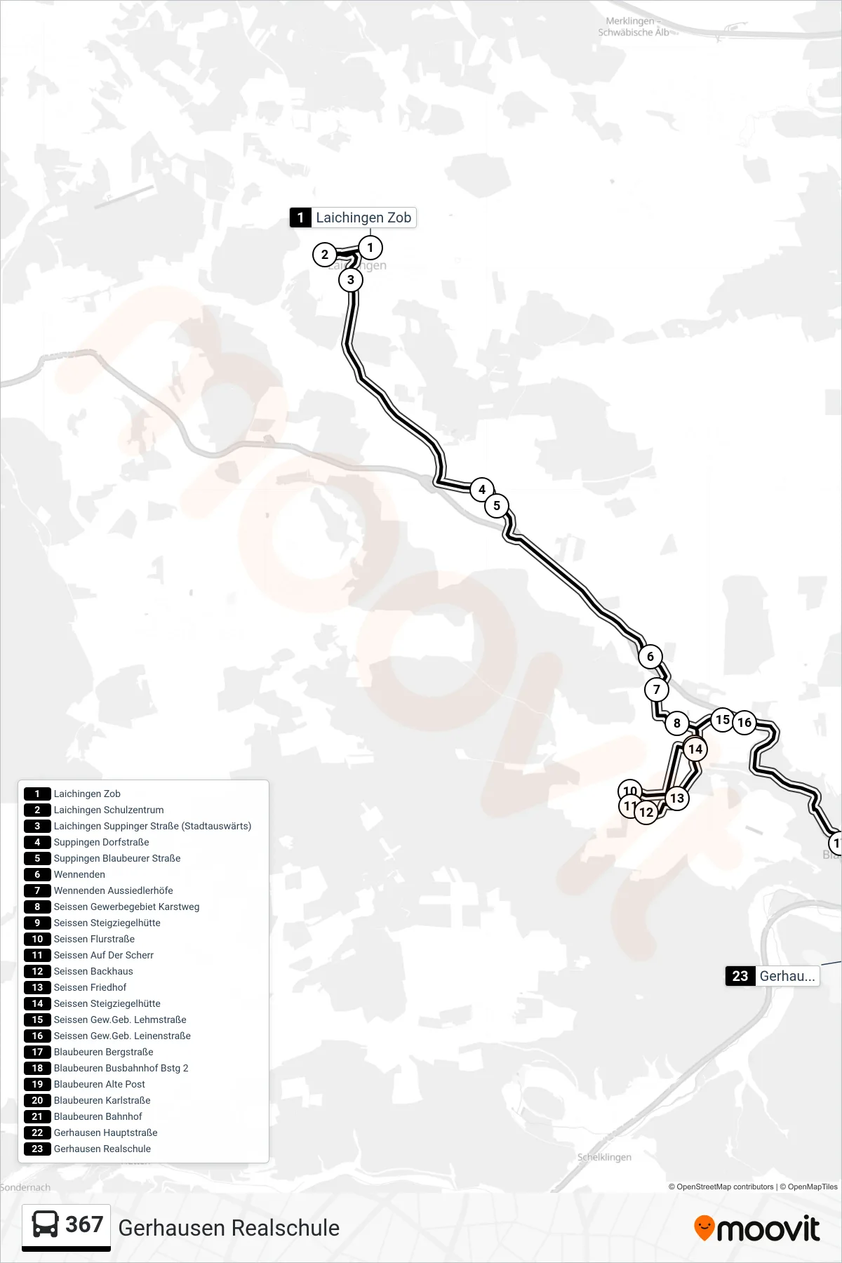 367 bus Line (Gerhausen Realschule) route and stops on a map