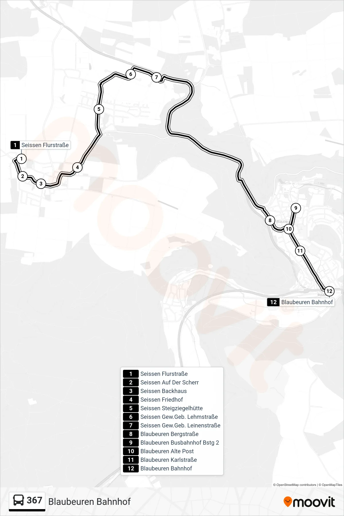 367 bus Line (Blaubeuren Bahnhof) route and stops on a map