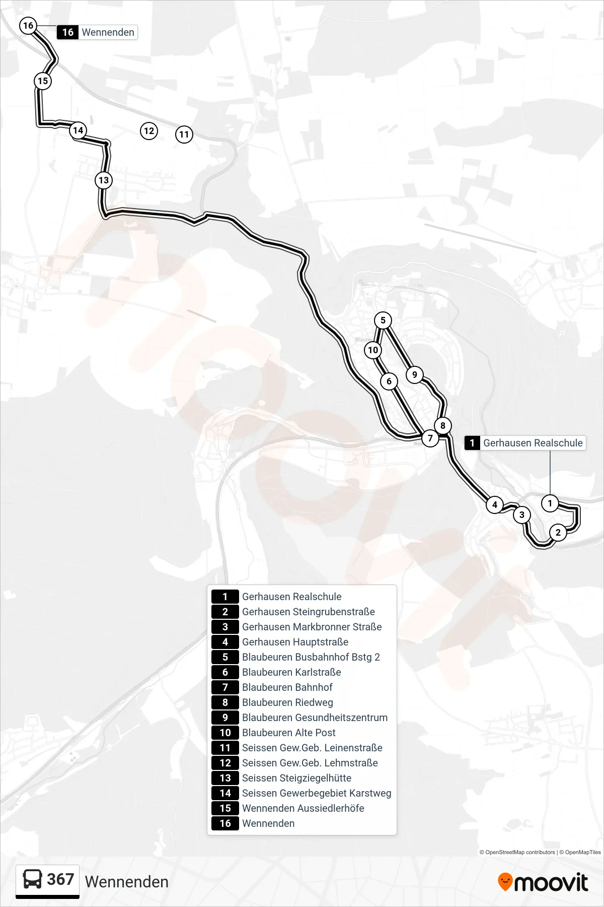 367 bus Line (Wennenden) route and stops on a map