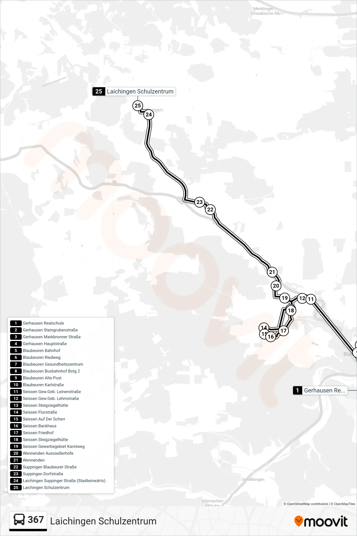 367 bus Line (Laichingen Schulzentrum) route and stops on a map