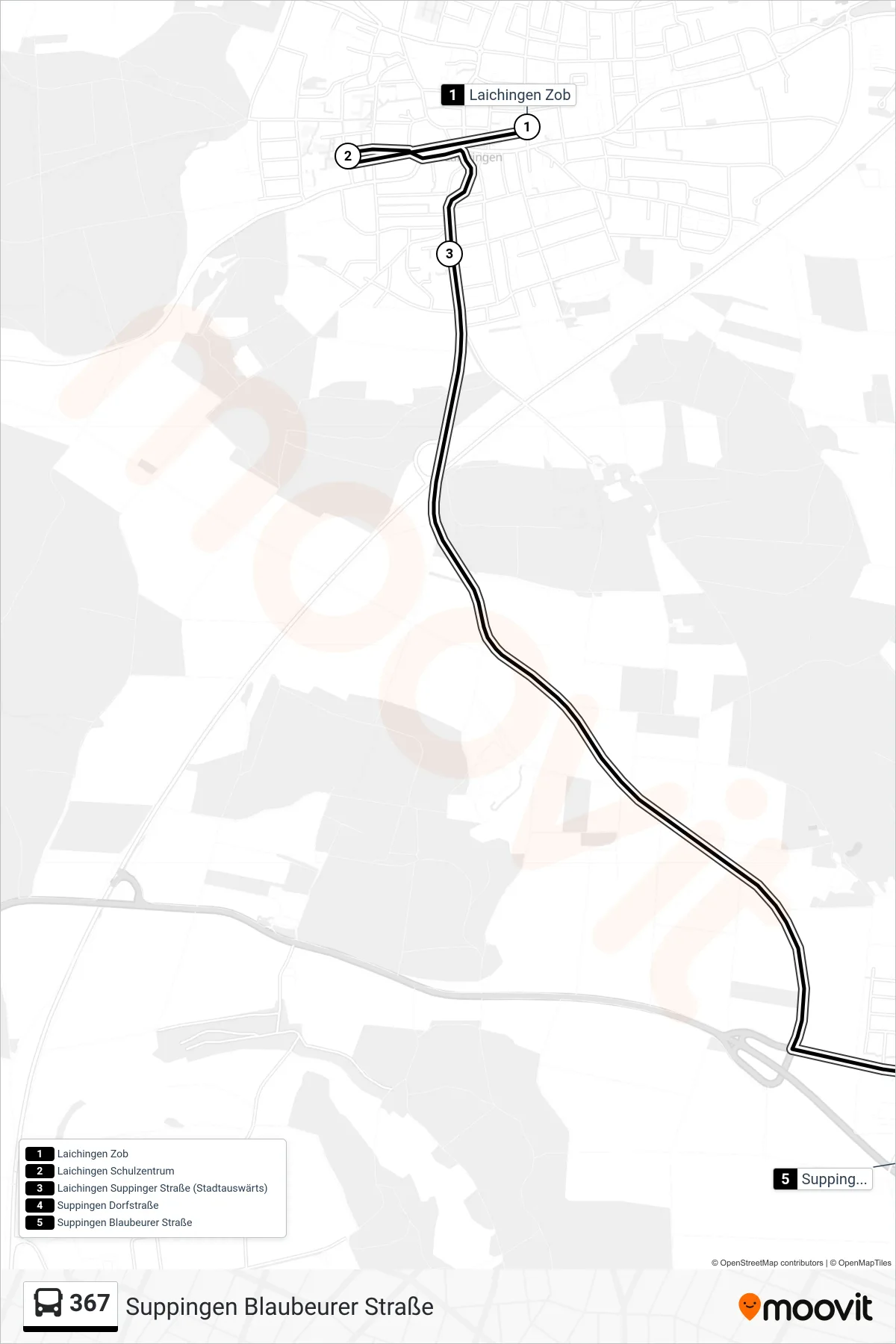 367 bus Line (Suppingen Blaubeurer Straße) route and stops on a map