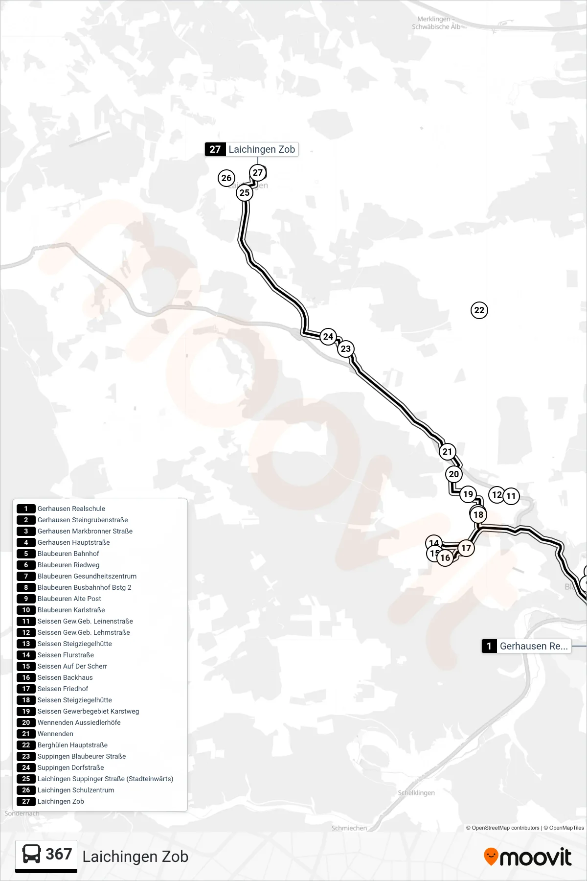 367 bus Line (Laichingen Zob) route and stops on a map