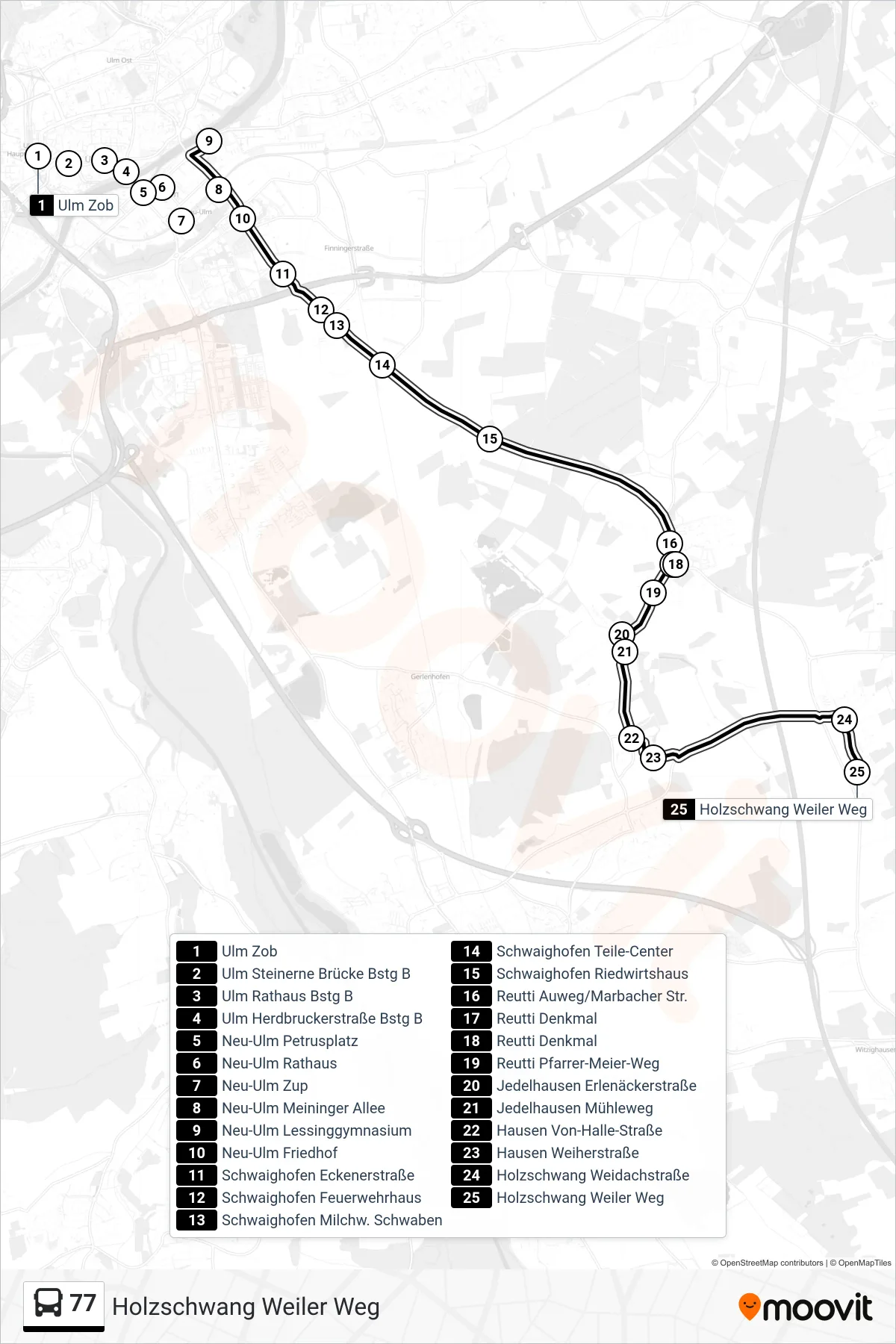 Linie 77 (Bus) Richtung Holzschwang Weiler Weg: Route und Haltestellen auf der Karte
